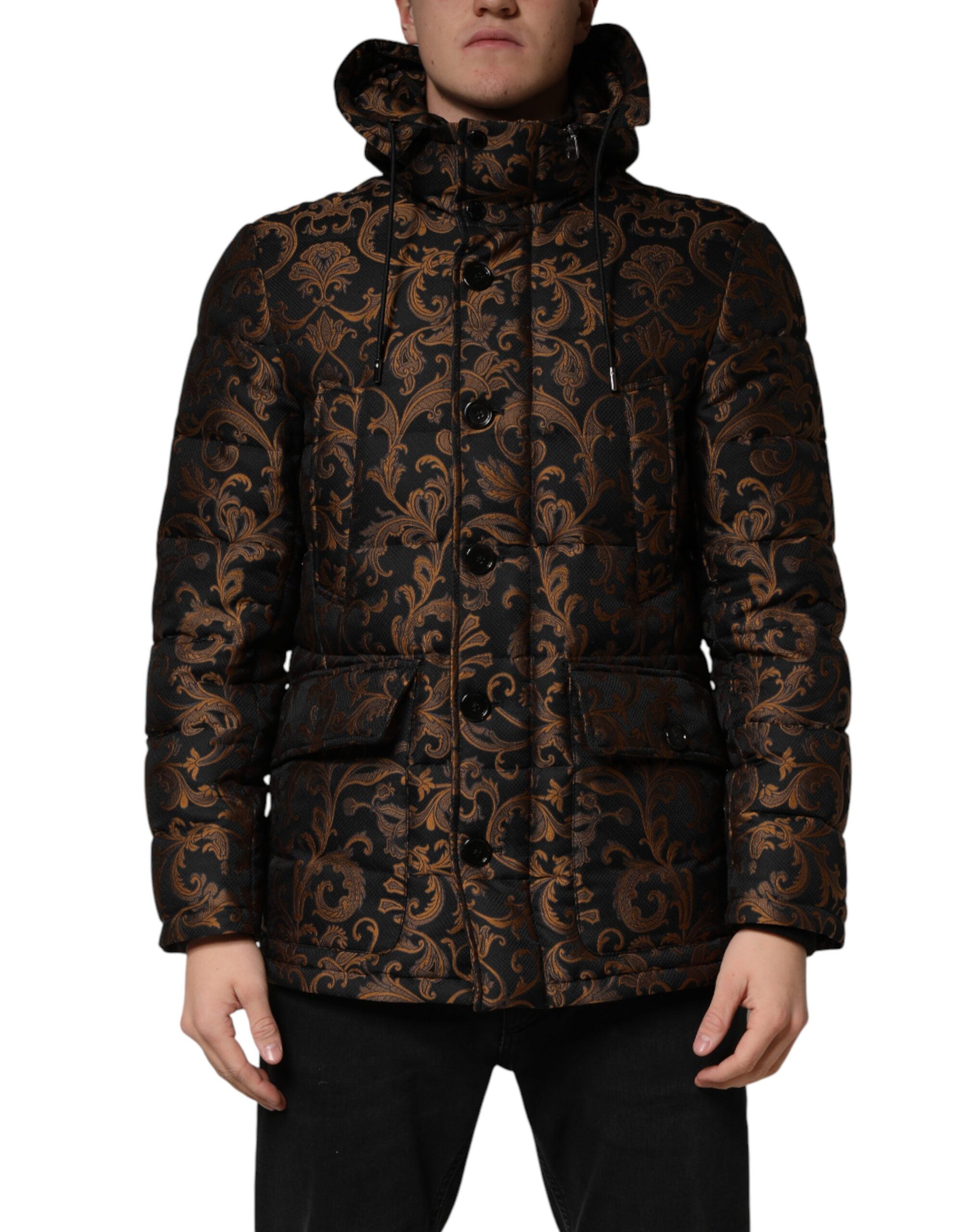 Veste matelassée noire Dolce & Gabbana avec jacquard floral et capuche, style élégant et tendance.