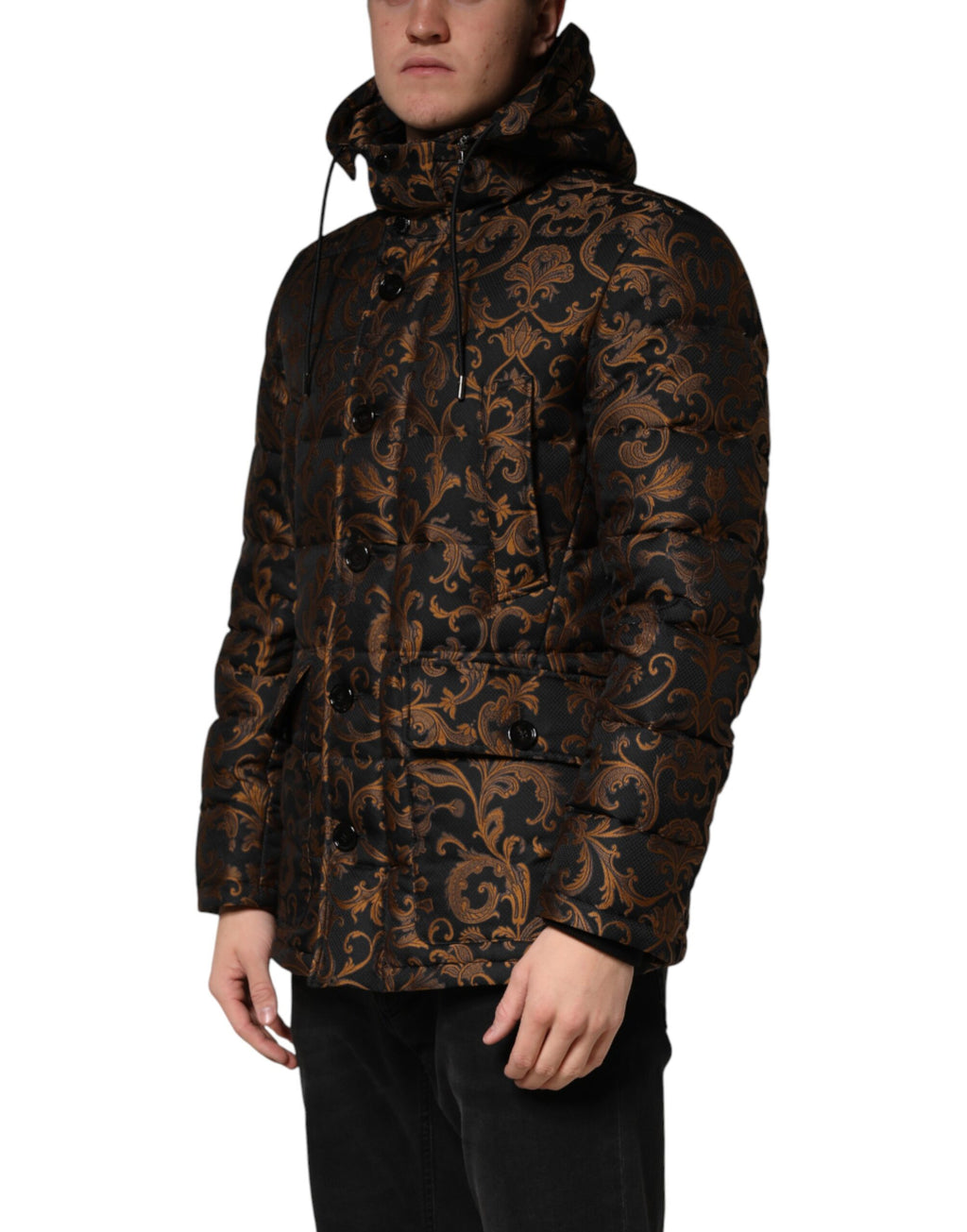 Veste à capuche en jacquard floral noir de Dolce & Gabbana, matelassée et élégante, pour un style chic et sophistiqué.