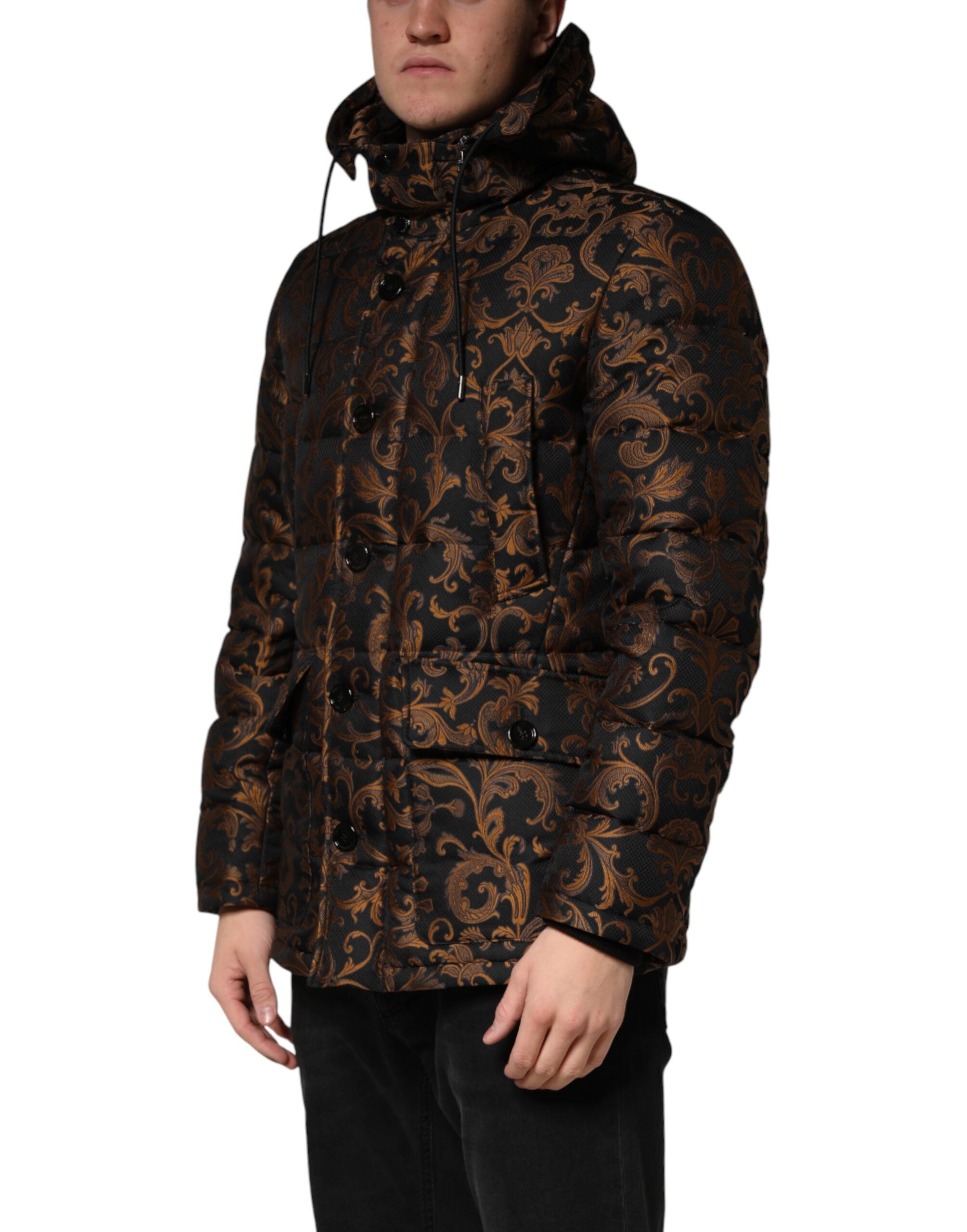 Veste à capuche en jacquard floral noir de Dolce & Gabbana, matelassée et élégante, pour un style chic et sophistiqué.