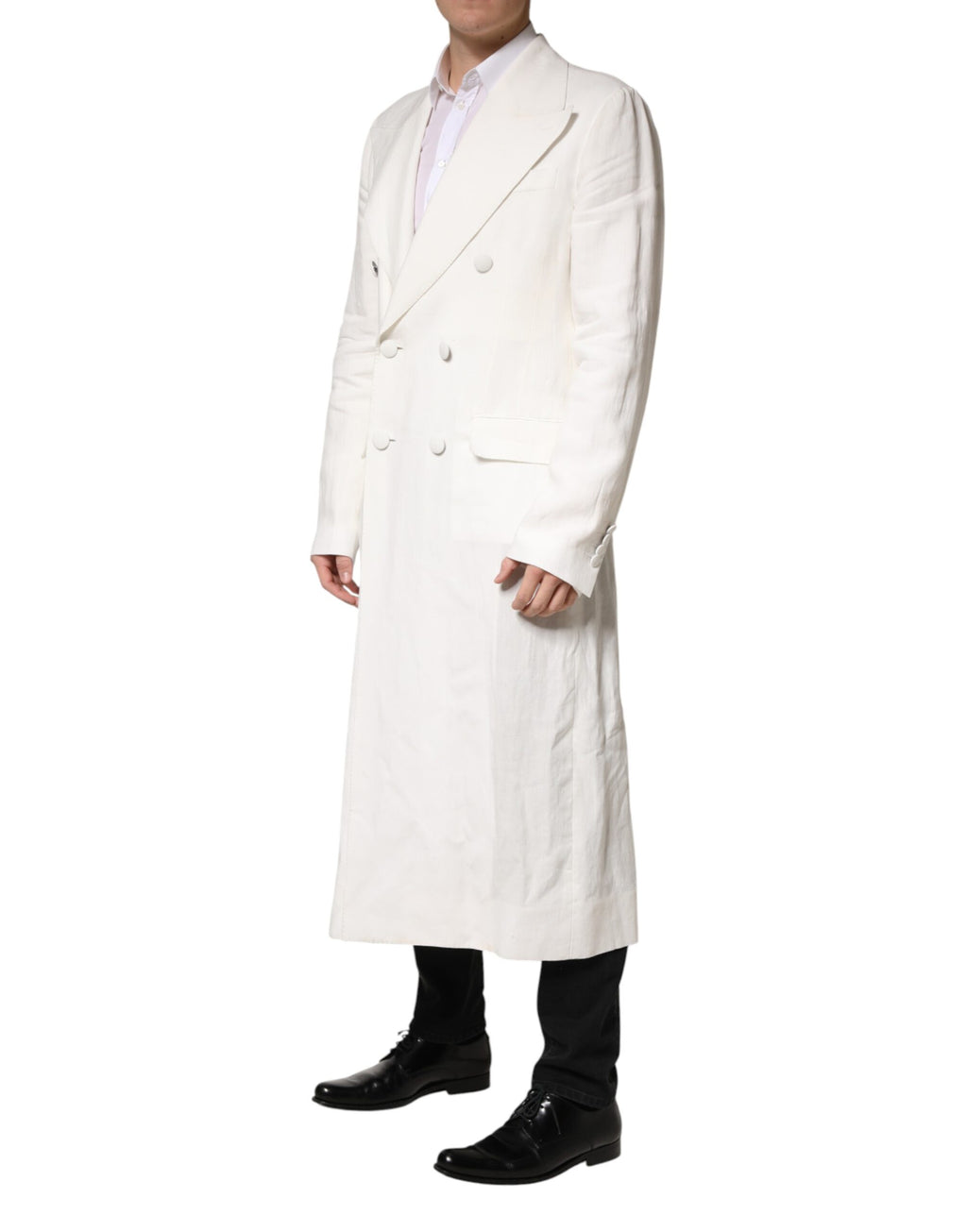 Manteau trench double boutonnage blanc pour homme de la marque Dolce & Gabbana, veste élégante en tissu léger.