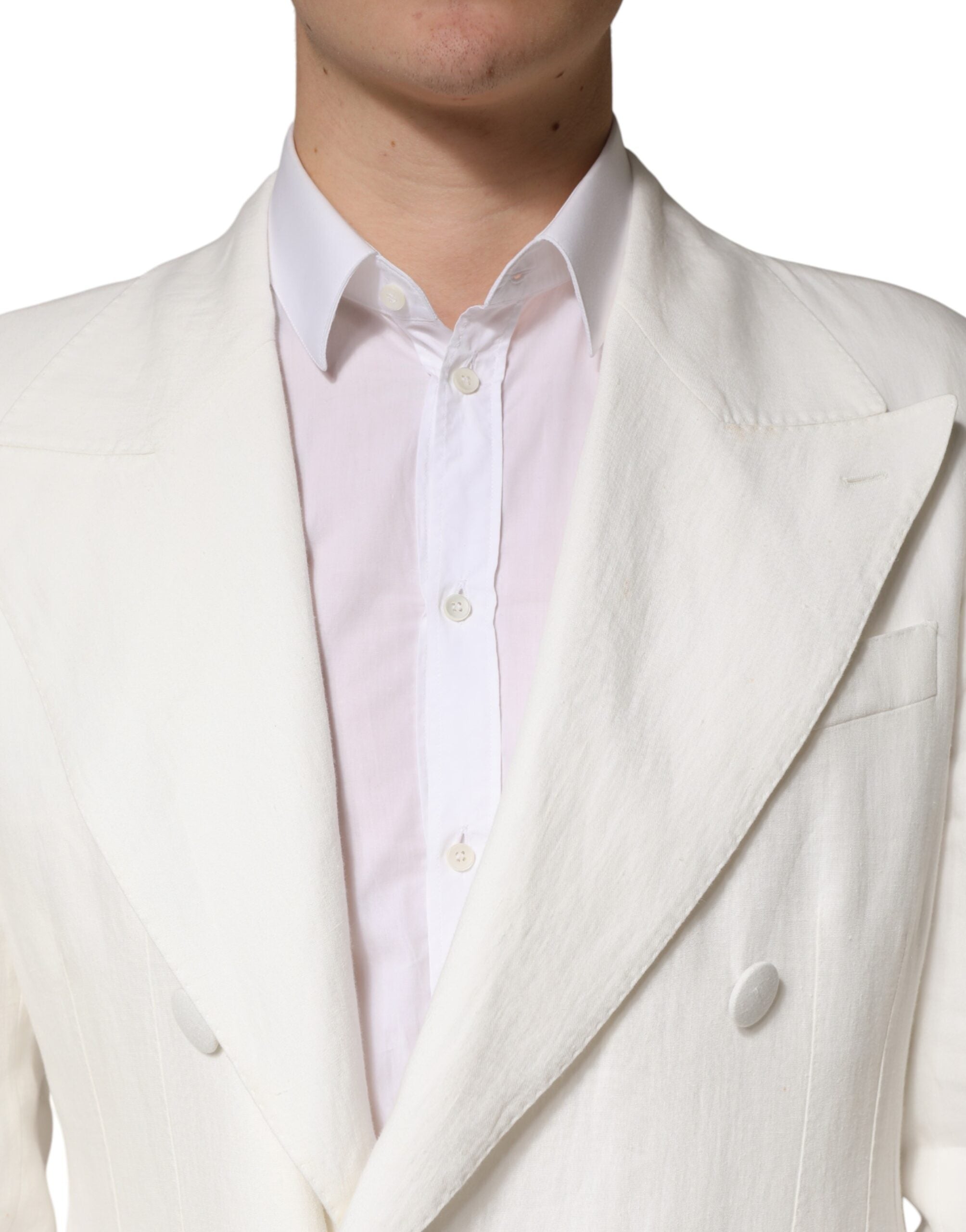 Manteau homme trench blanc double boutonnage Dolce & Gabbana, veste élégante en tissu léger avec revers et poches frontales.