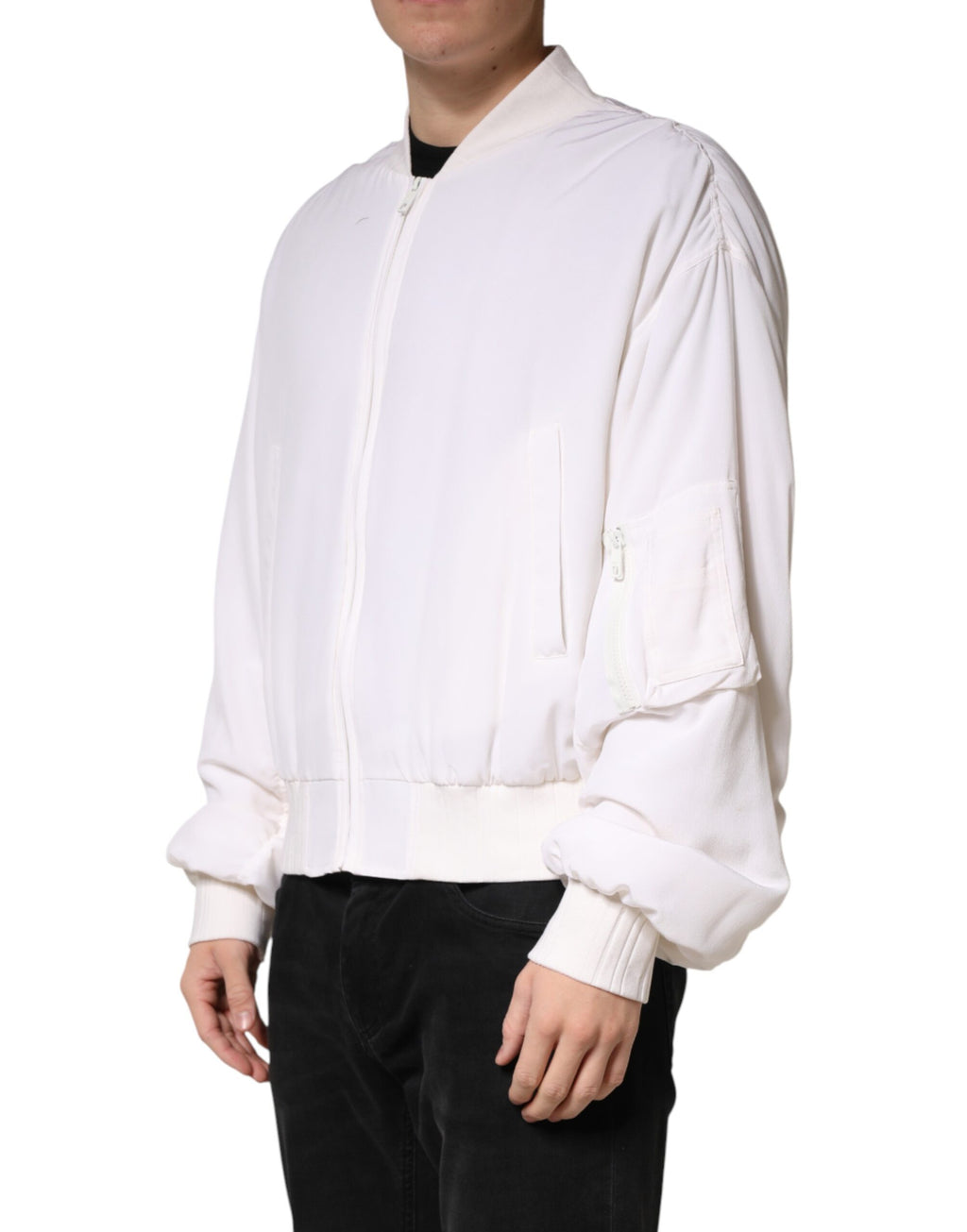 Veste bomber en soie blanche Dolce & Gabbana avec fermeture éclair complète, élégante et sophistiquée, vue de face.