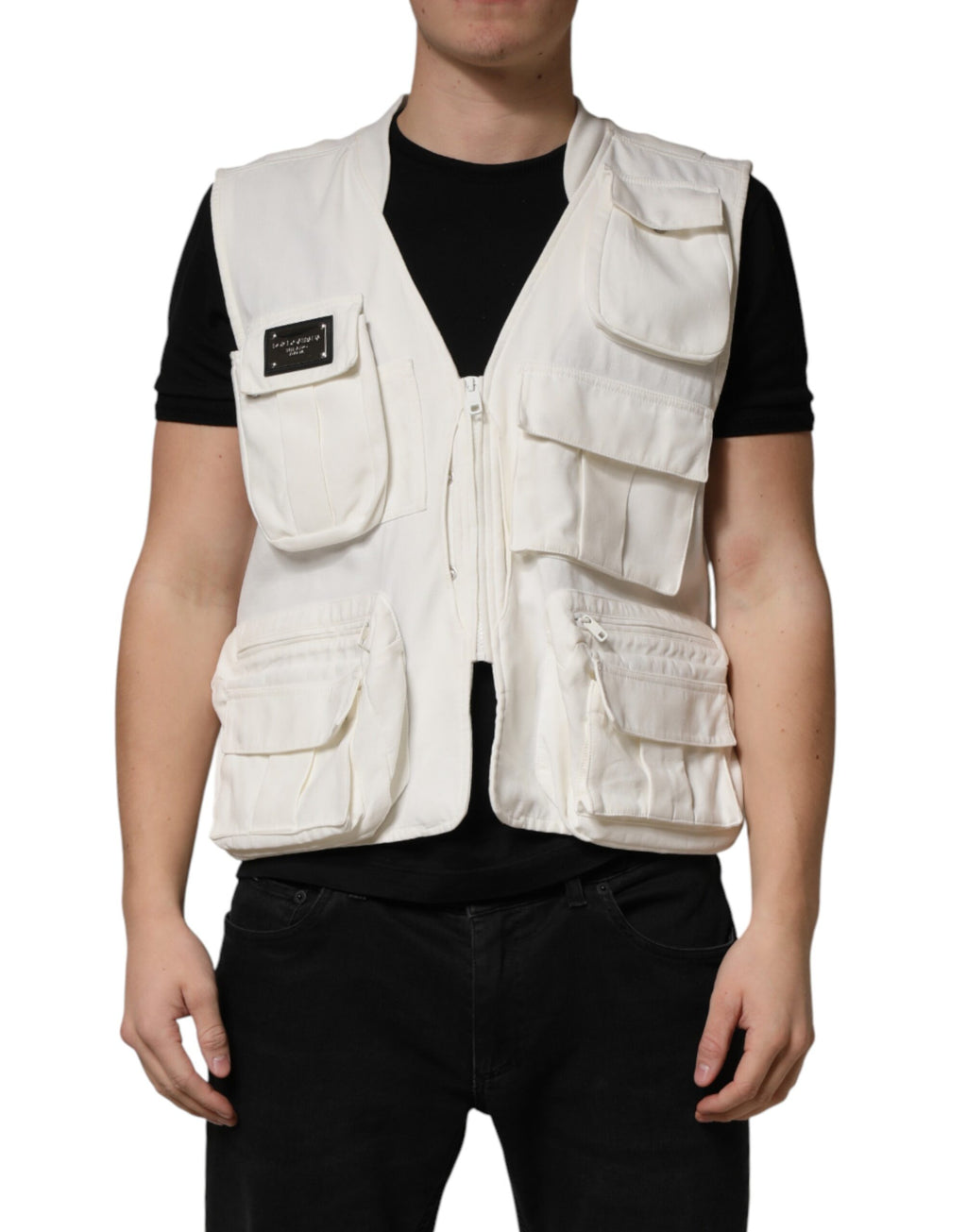Veste homme Dolce & Gabbana en coton blanc avec poches cargo, style veston ou manteau décontracté.