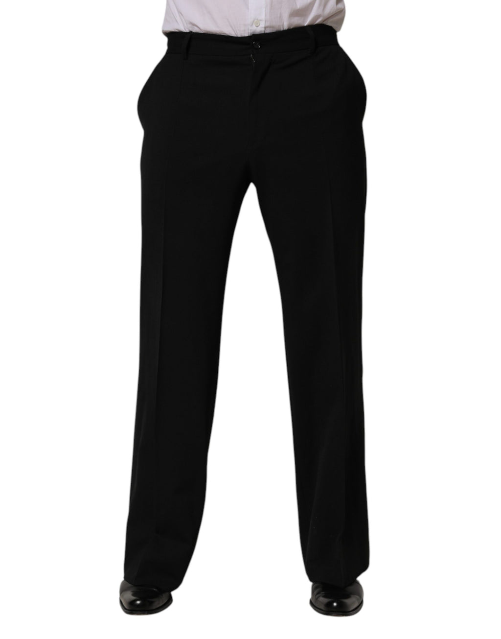 Pantalon homme Dolce & Gabbana en laine noire, coupe droite, pantalon de costume élégant et classique.