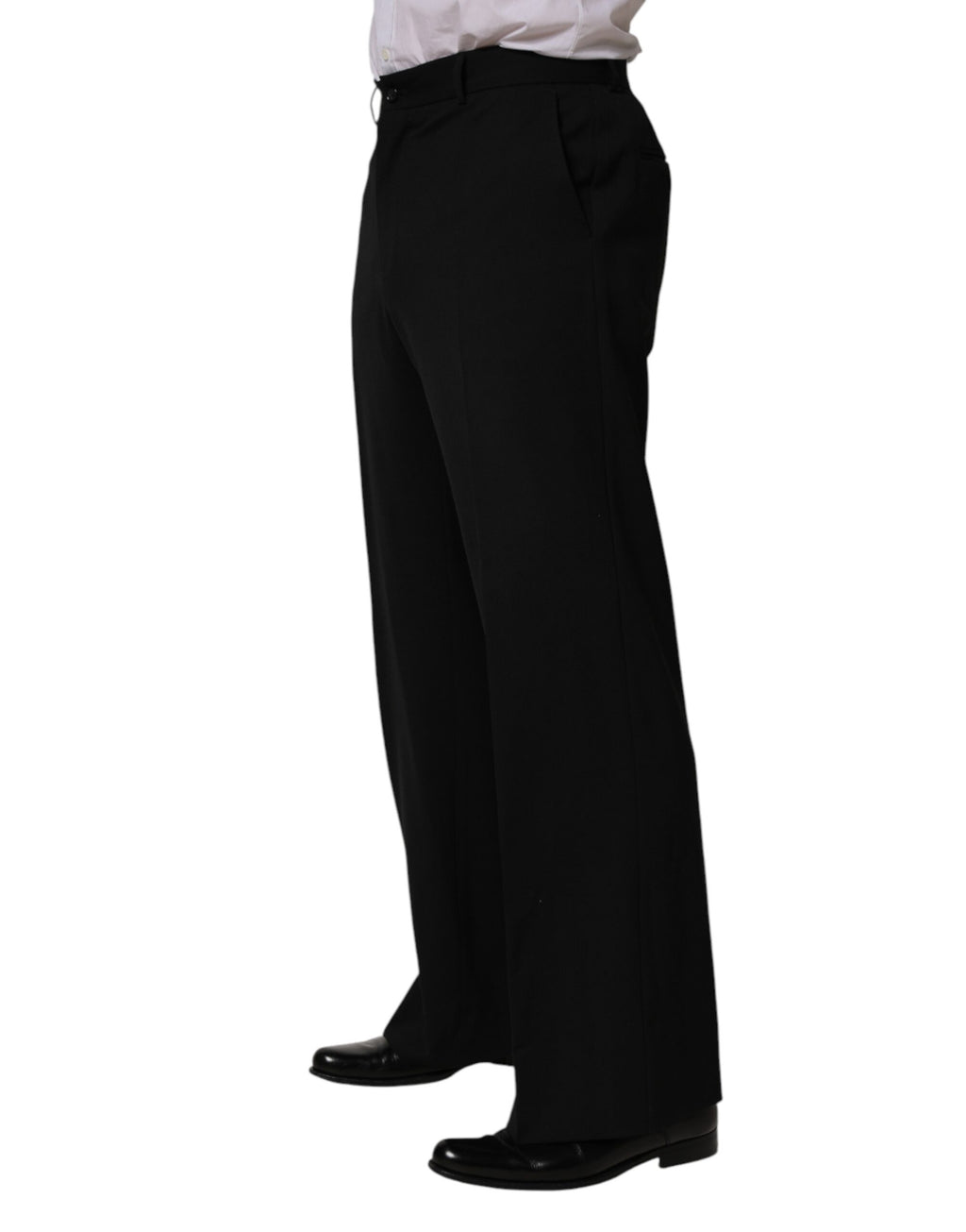 Pantalon homme Dolce & Gabbana en laine noire, coupe droite, style pantalon de costume élégant.