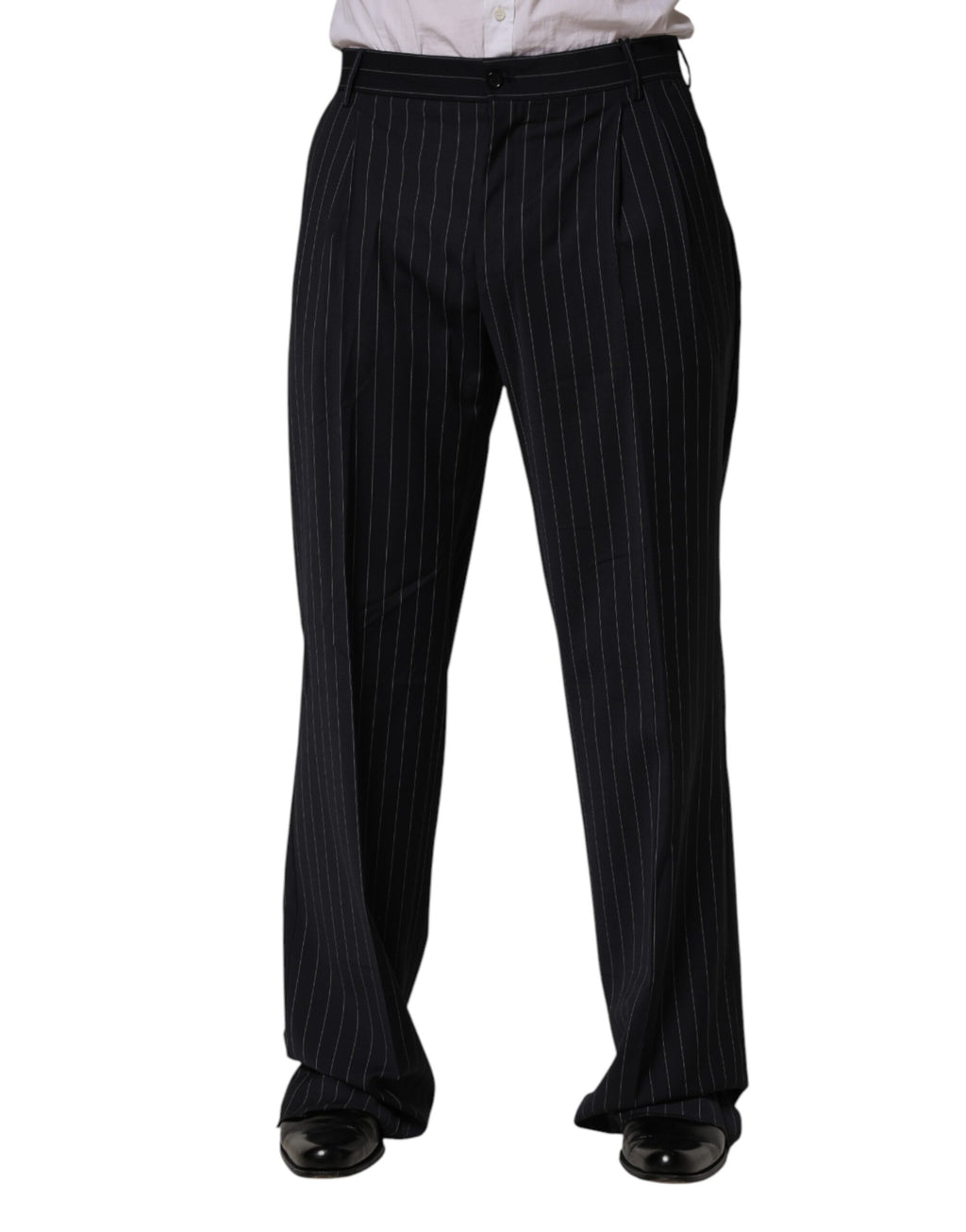 Pantalon droit noir à rayures pour homme de Dolce & Gabbana, pantalon de costume élégant et classique.