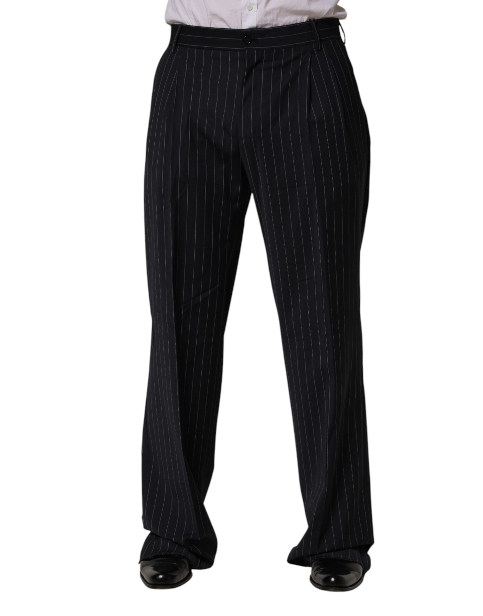 Pantalon droit noir à rayures pour homme de Dolce & Gabbana, pantalon de costume élégant et classique.