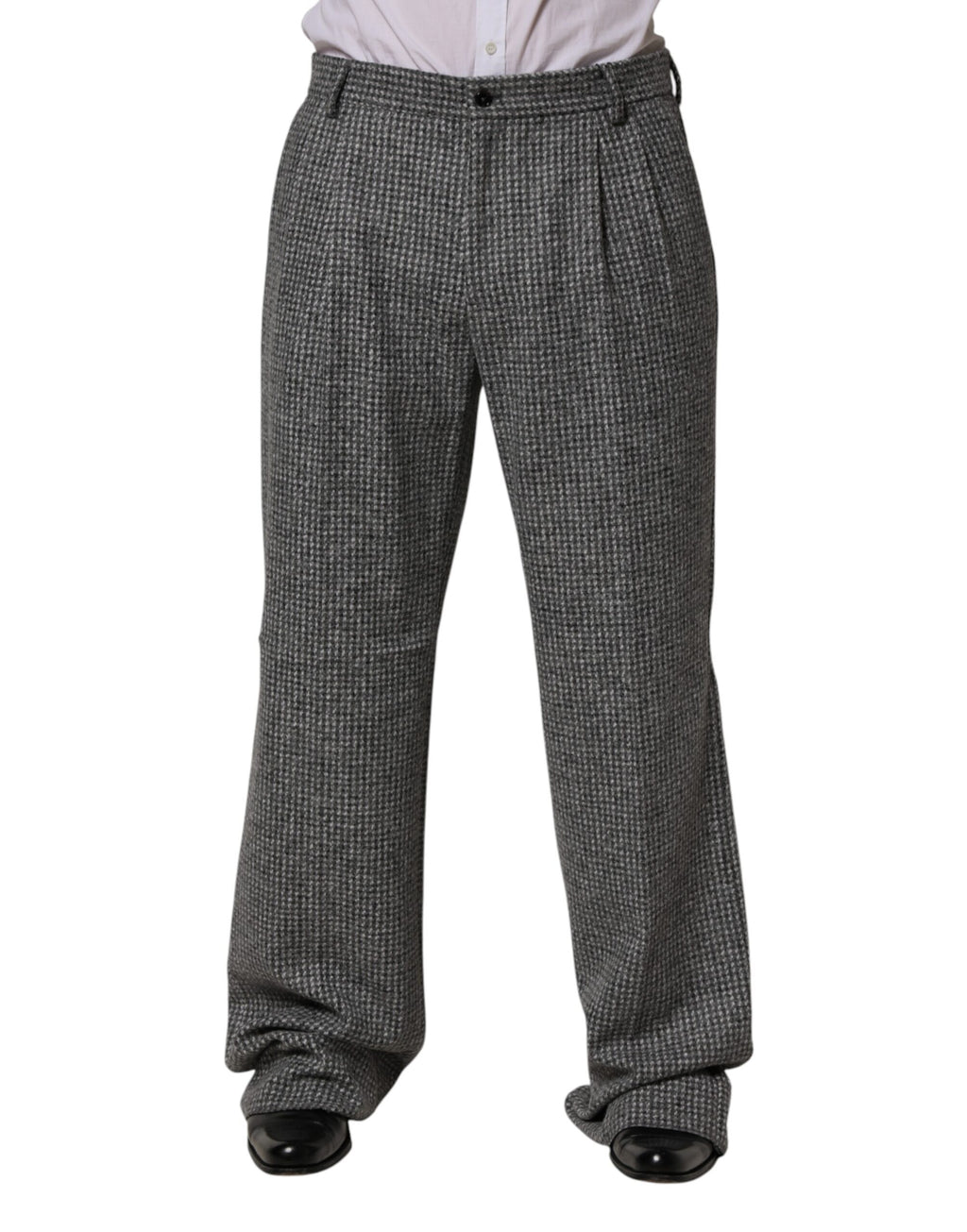 Pantalon droit Dolce & Gabbana à motif pied-de-poule gris, pantalon élégant en tissu léger, vue de face.