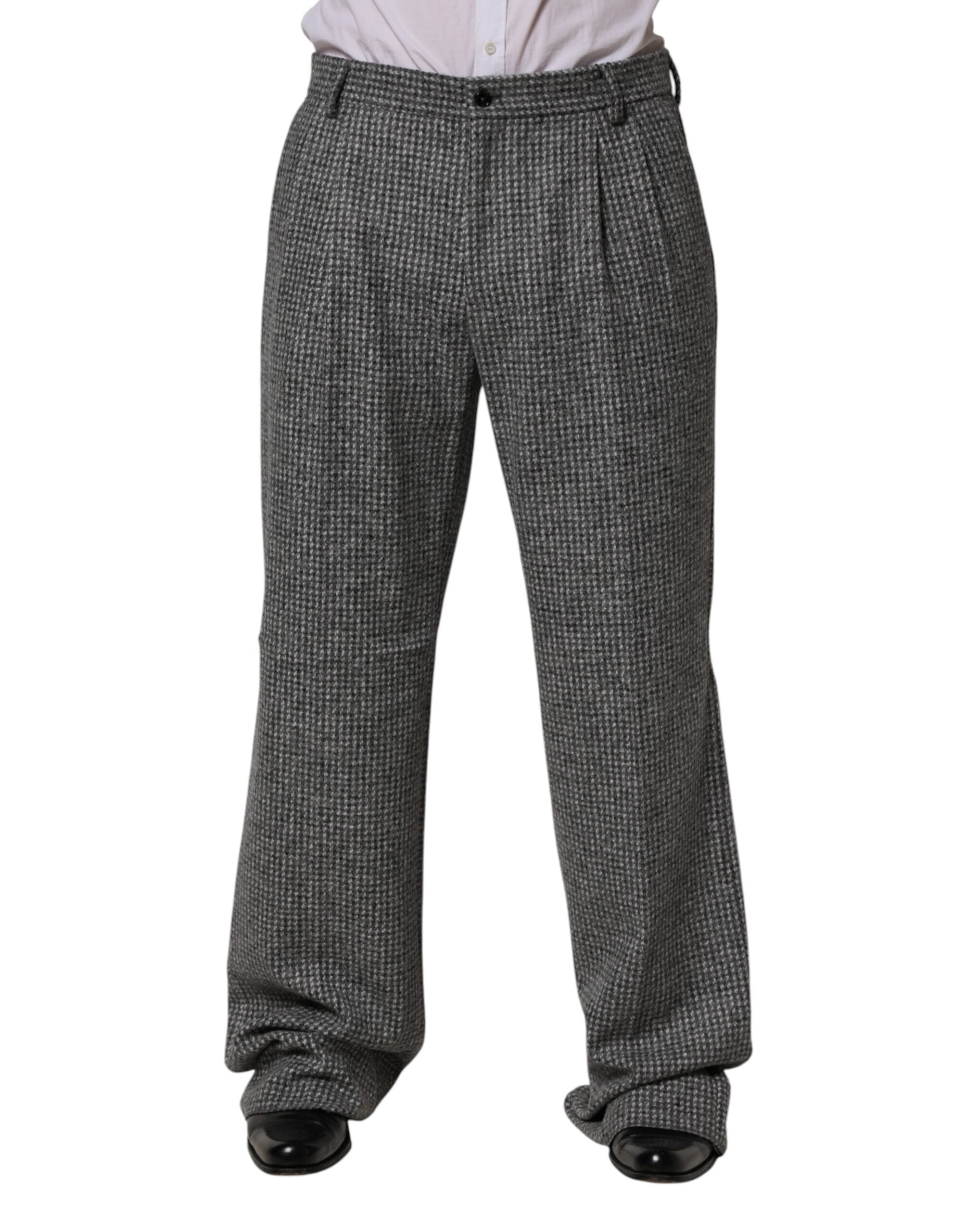Pantalon droit Dolce & Gabbana à motif pied-de-poule gris, pantalon élégant en tissu léger, vue de face.