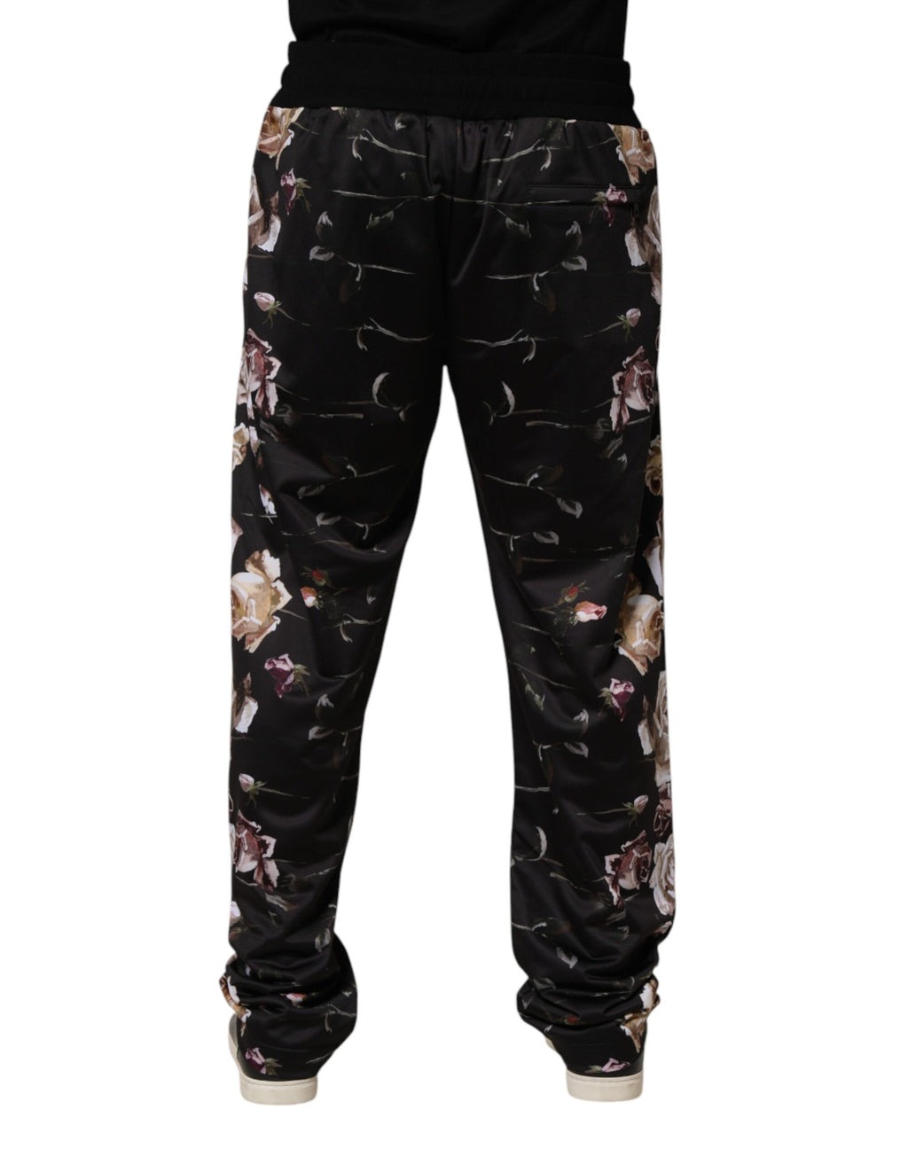 Pantalon chino noir Dolce & Gabbana à fleurs, coupe droite, style élégant et décontracté, vue frontale.