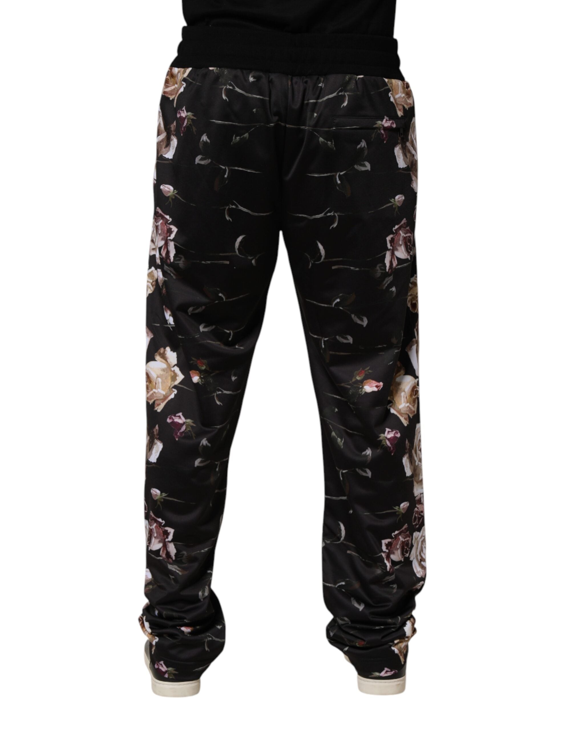 Pantalon chino noir Dolce & Gabbana à fleurs, coupe droite, style élégant et décontracté, vue frontale.