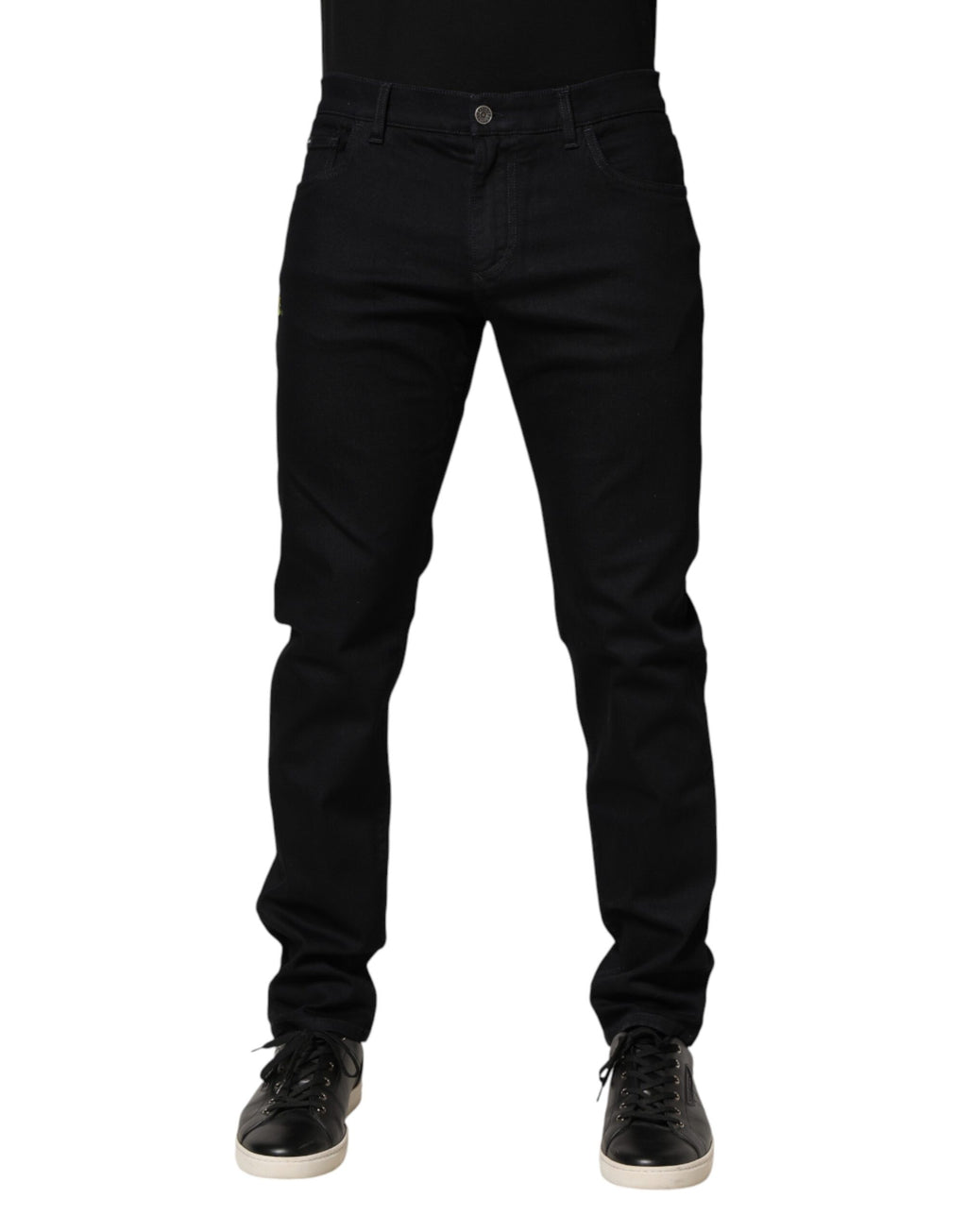 Jeans slim en coton noir à fleurs Dolce & Gabbana pour homme, denim élégant avec motifs floraux.