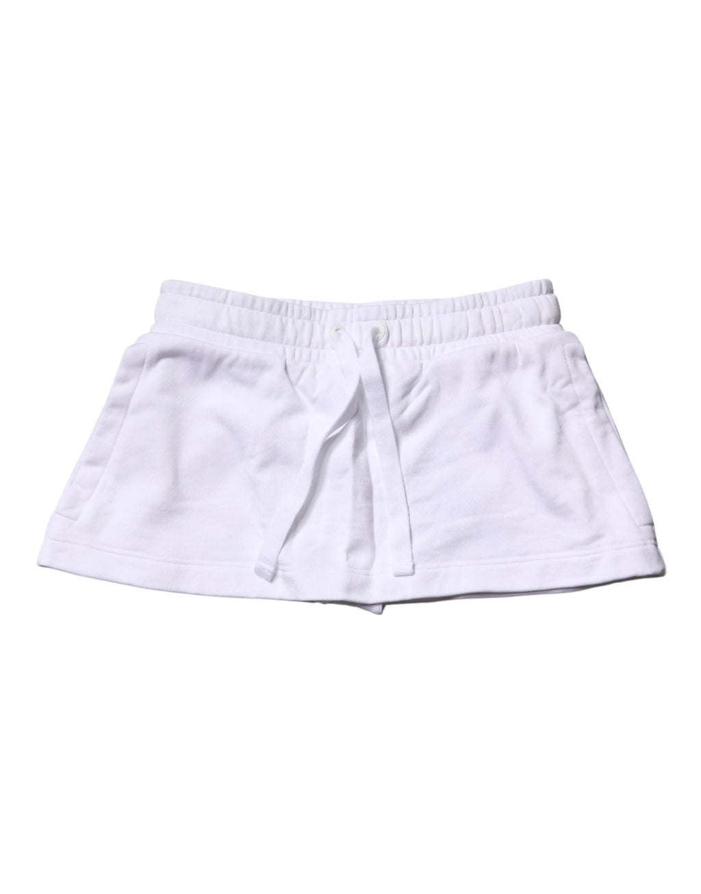 Jupe courte en coton blanc Dolce & Gabbana, taille moyenne, coupe évasée, style mini tendance, vue de face sur mannequin.