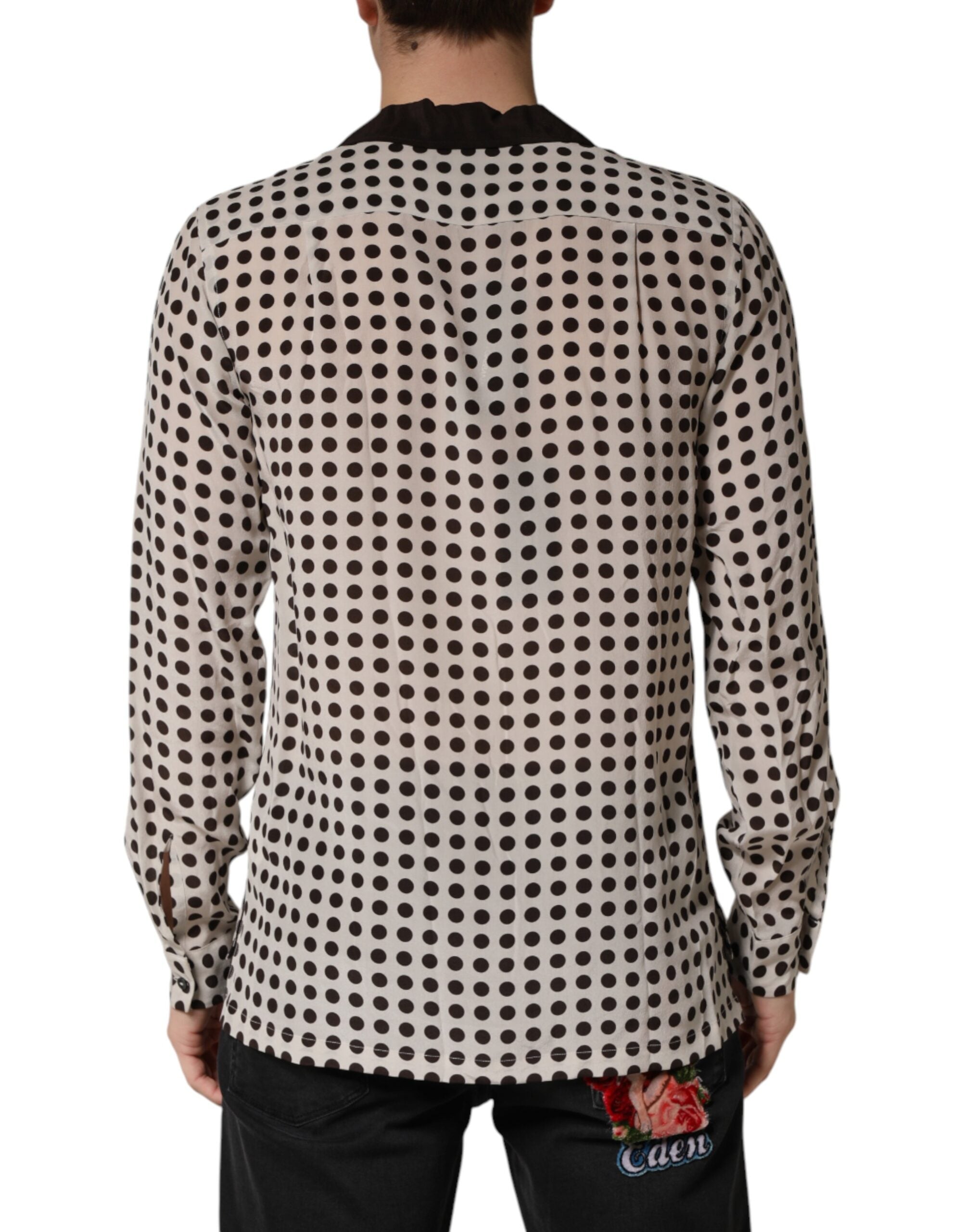 Chemise homme Dolce & Gabbana en soie blanche et noire à pois pour un style casual élégant.