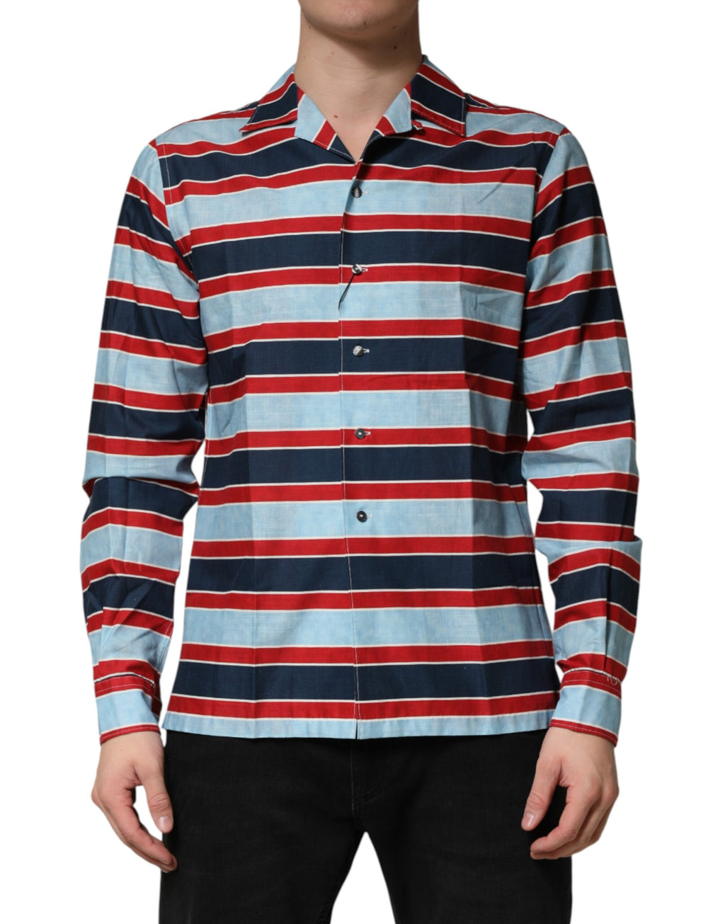 Chemise pour homme à rayures multicolores en coton de Dolce & Gabbana, boutonnière classique et style élégant.