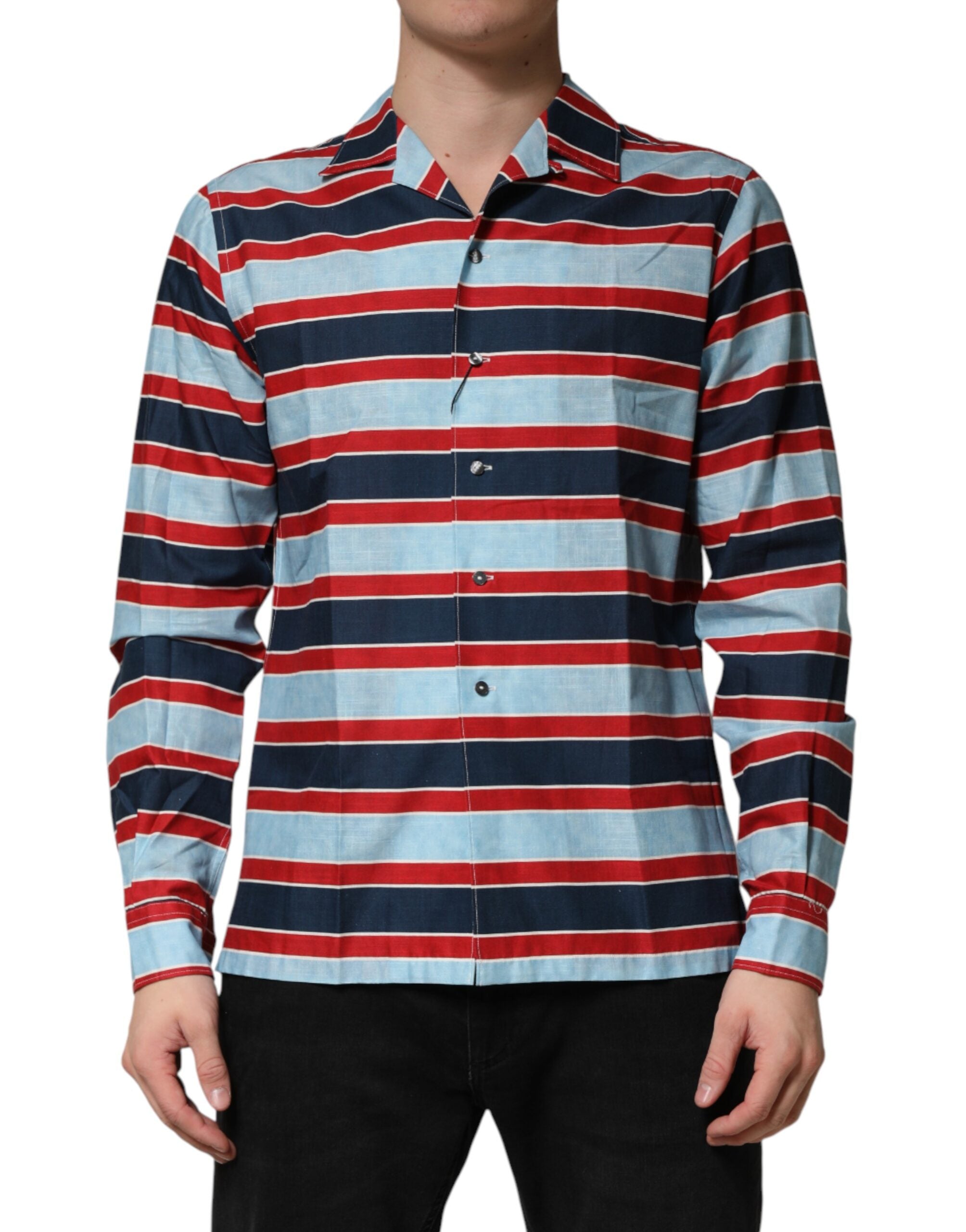 Chemise pour homme Dolce & Gabbana en coton à rayures multicolores, boutonnière visible sur le devant.
