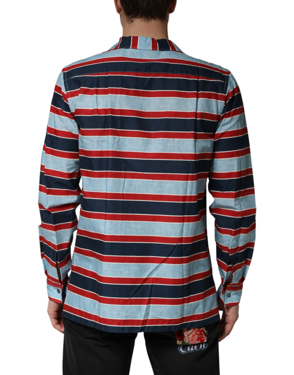 Chemise pour homme Dolce & Gabbana à rayures multicolores en coton avec boutons, vue de face.