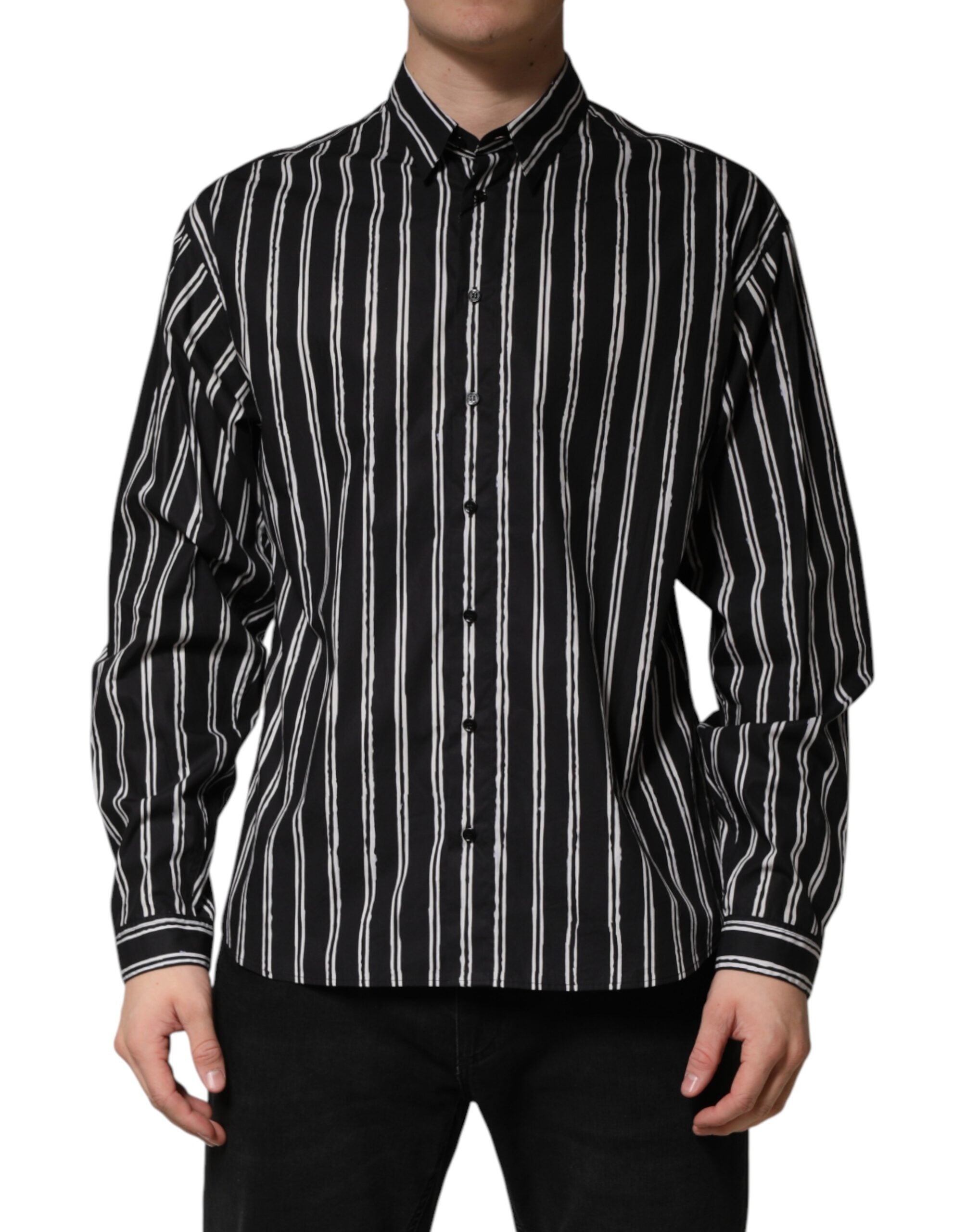 Chemise homme Dolce & Gabbana en coton noir à rayures formelles avec col classique, vue de face.