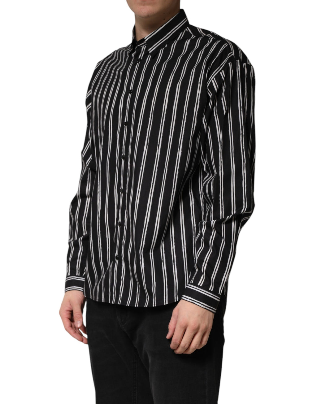 Chemise formelle pour homme Dolce & Gabbana en coton noir avec rayures blanches, élégante et moderne.
