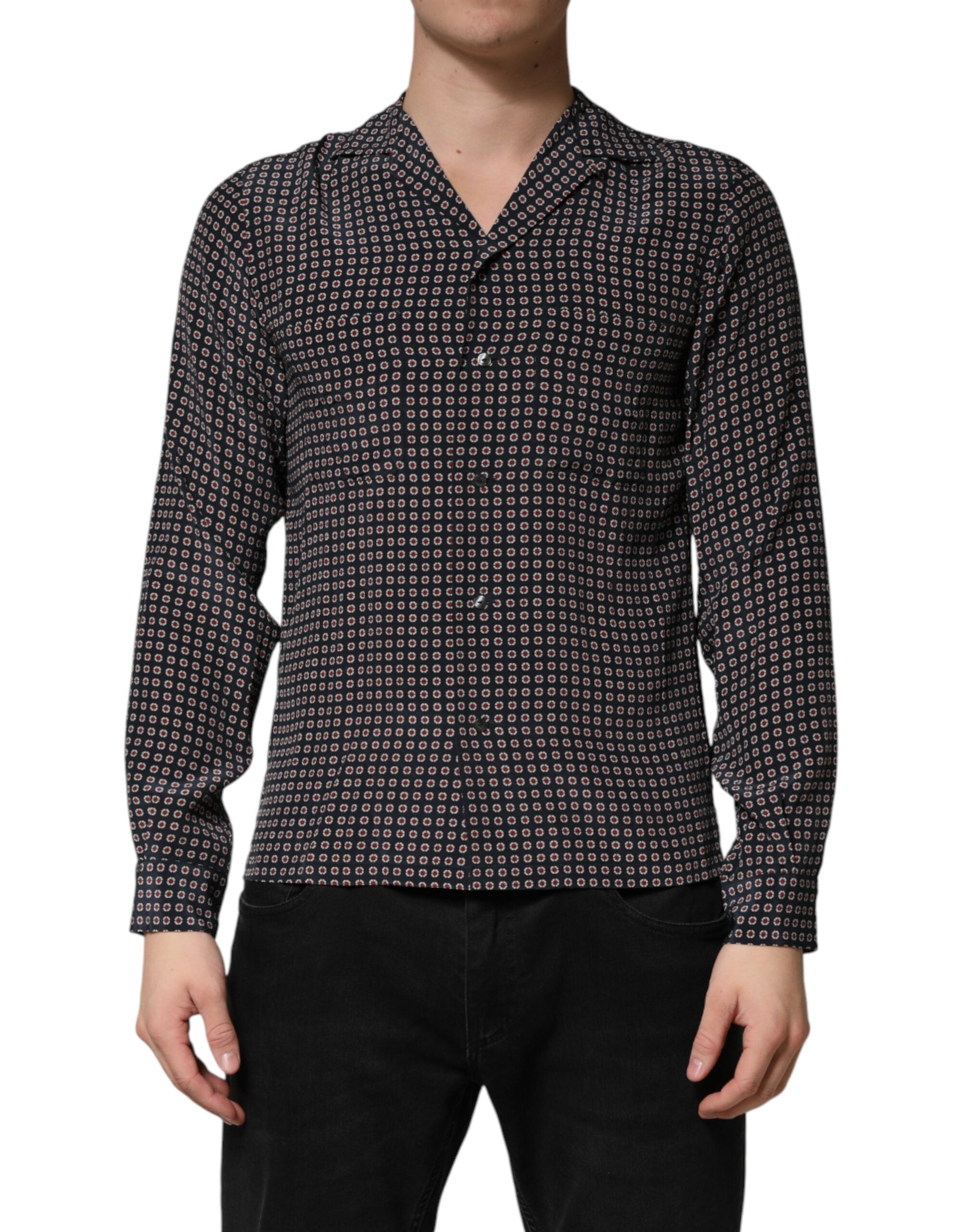 Chemise pour homme en soie noire à motifs de Dolce & Gabbana, boutonnière classique et design élégant.