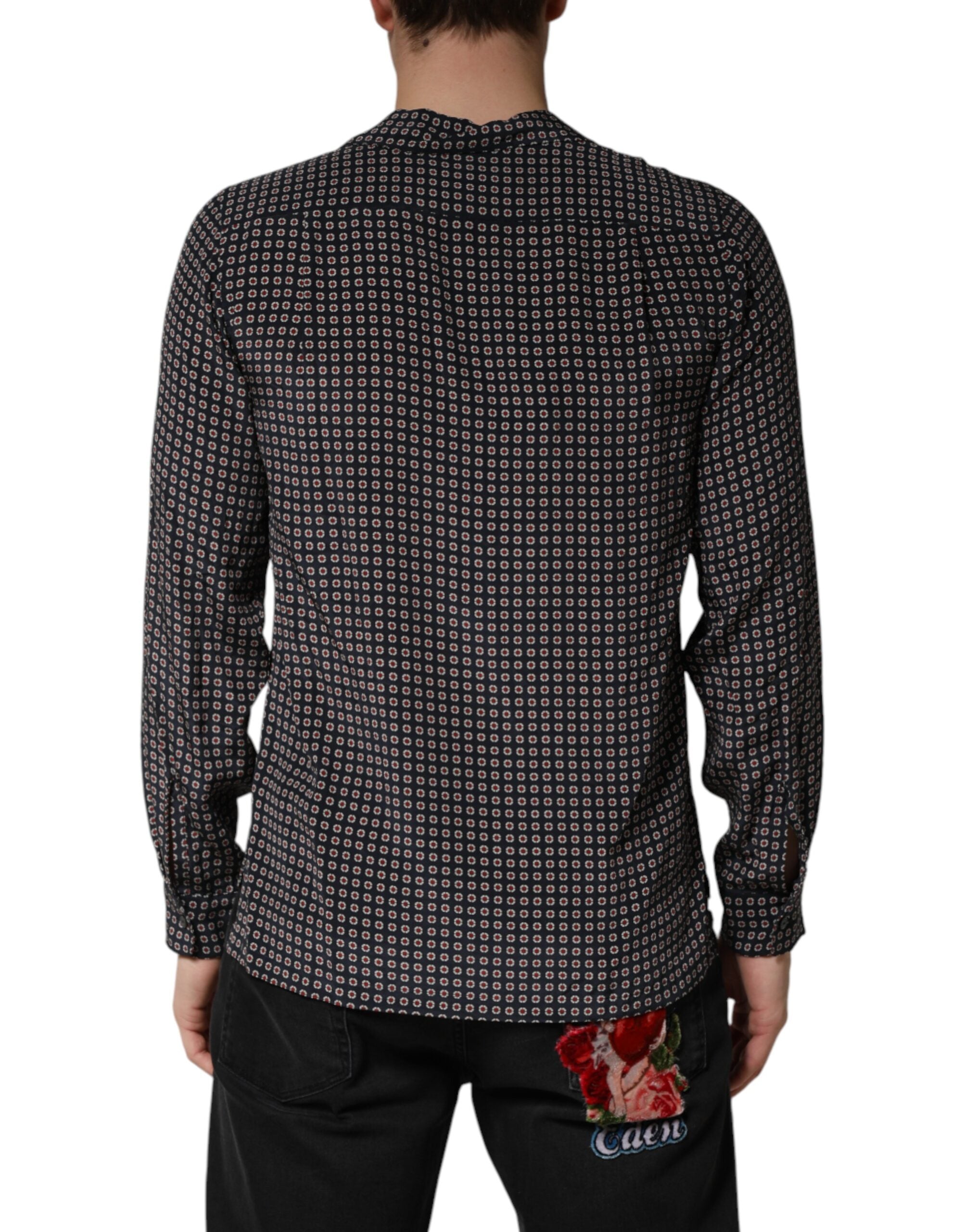 Chemise pour homme en soie noire à motif de Dolce & Gabbana, manches longues avec col boutonné, style élégant et sophistiqué.