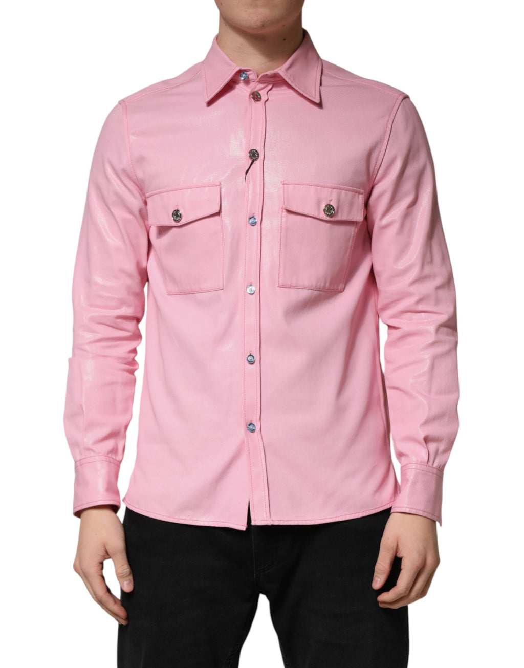 Chemise pour homme Dolce & Gabbana en coton rose avec col, boutons, vue de face.