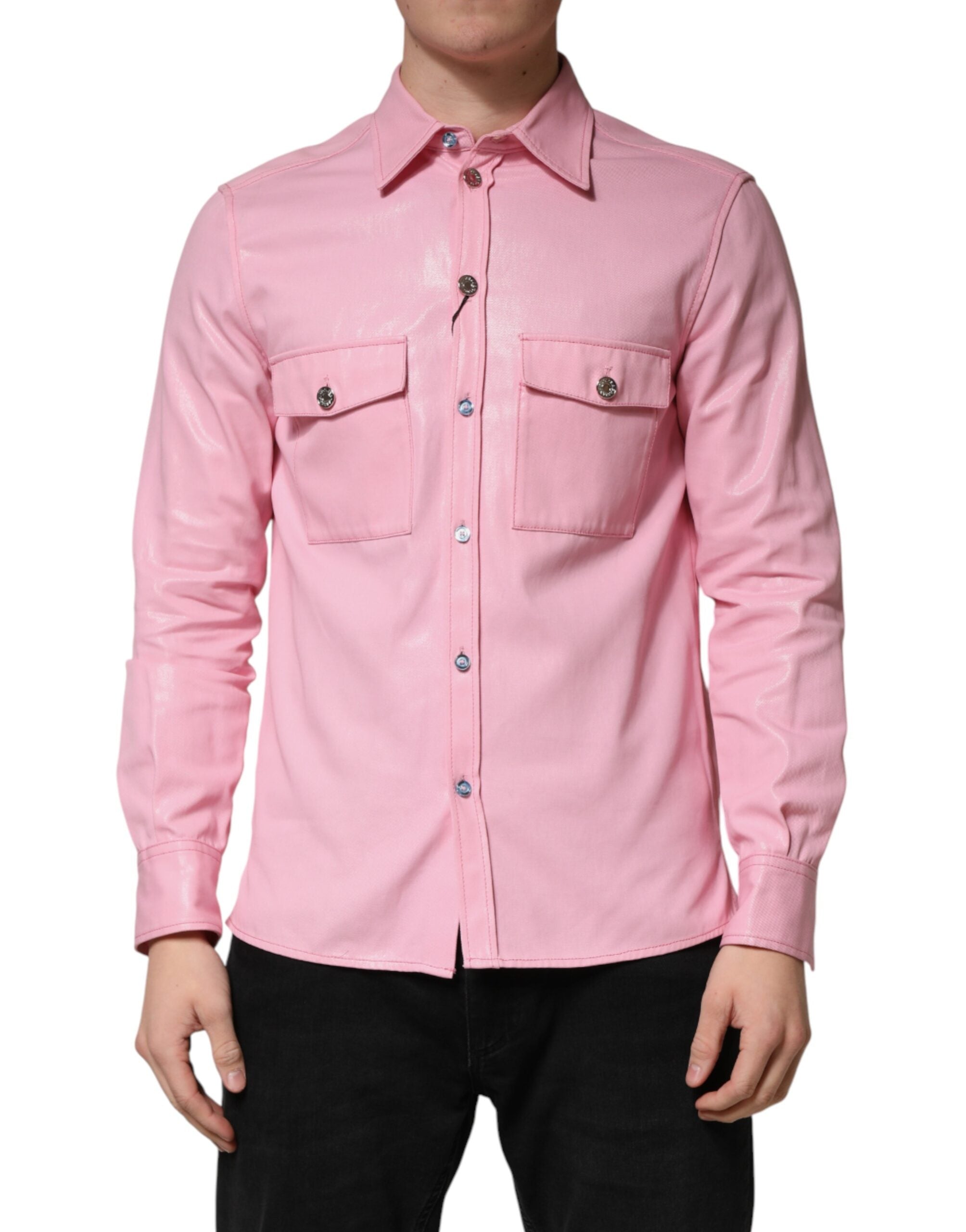 Chemise pour homme Dolce & Gabbana en coton rose avec col, boutons, vue de face.