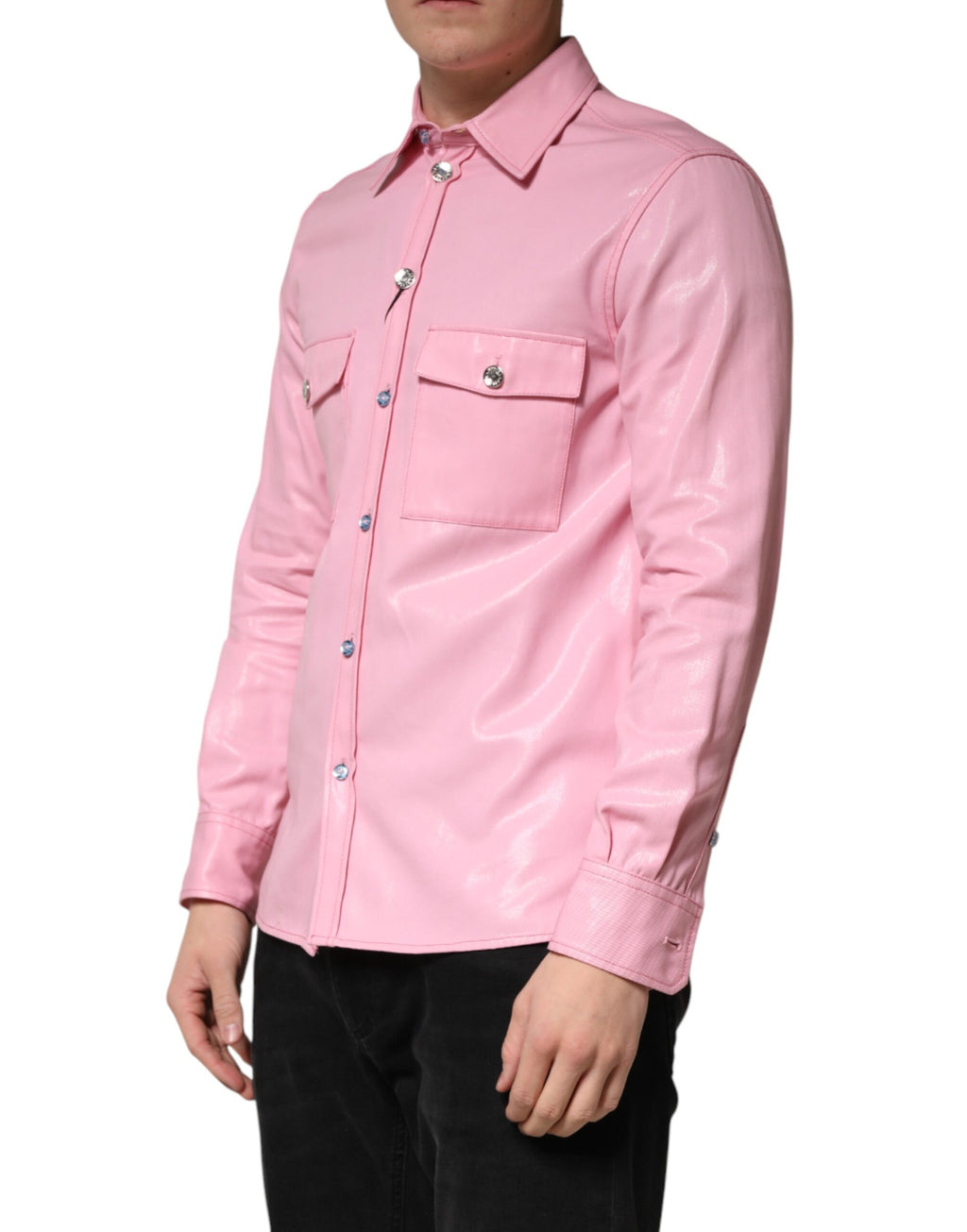 Chemise pour homme Dolce & Gabbana en coton rose avec col et boutons, vue de face.