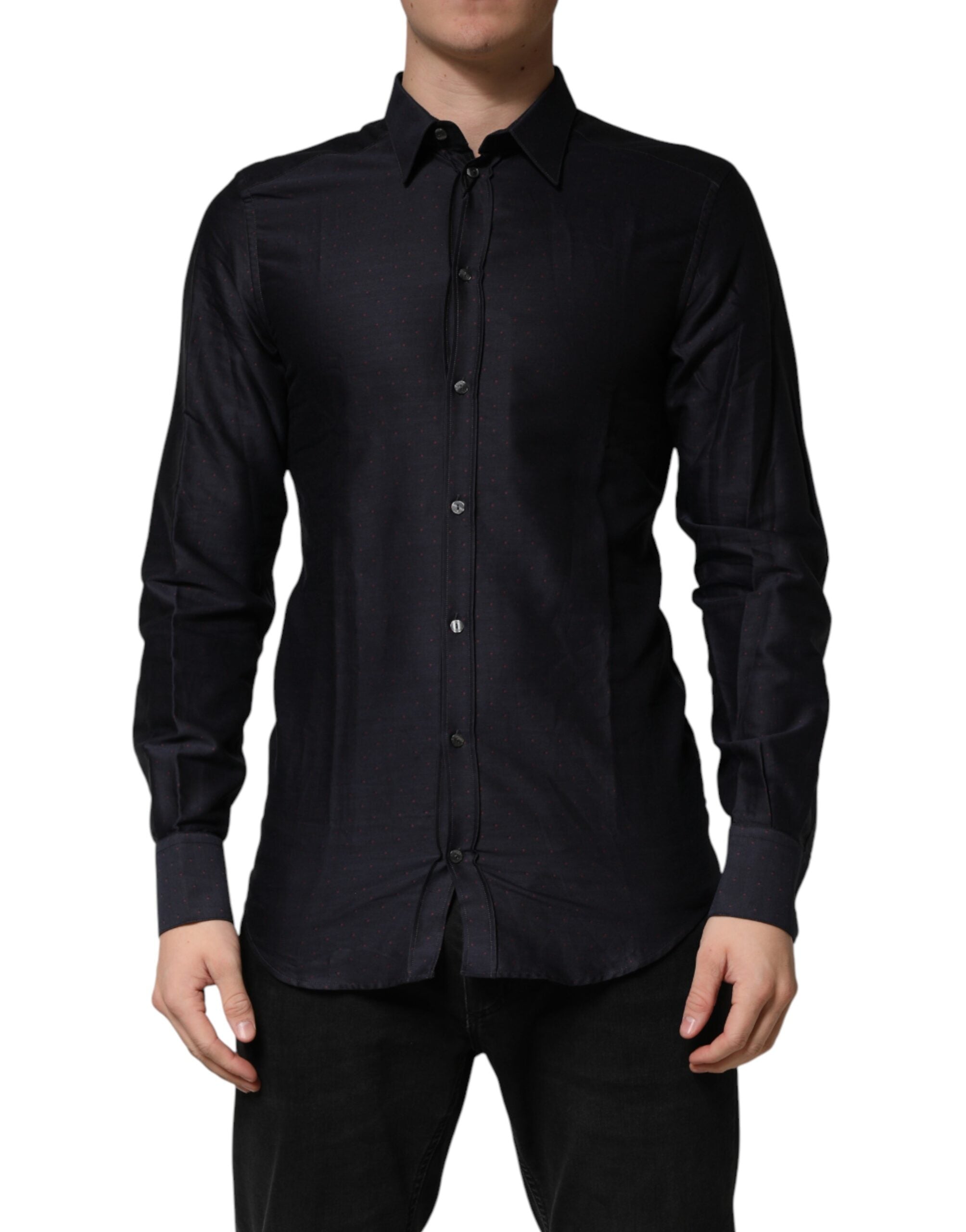 Chemise Dolce & Gabbana en coton noir avec pois, col classique et détails dorés, élégante chemise habillée pour homme