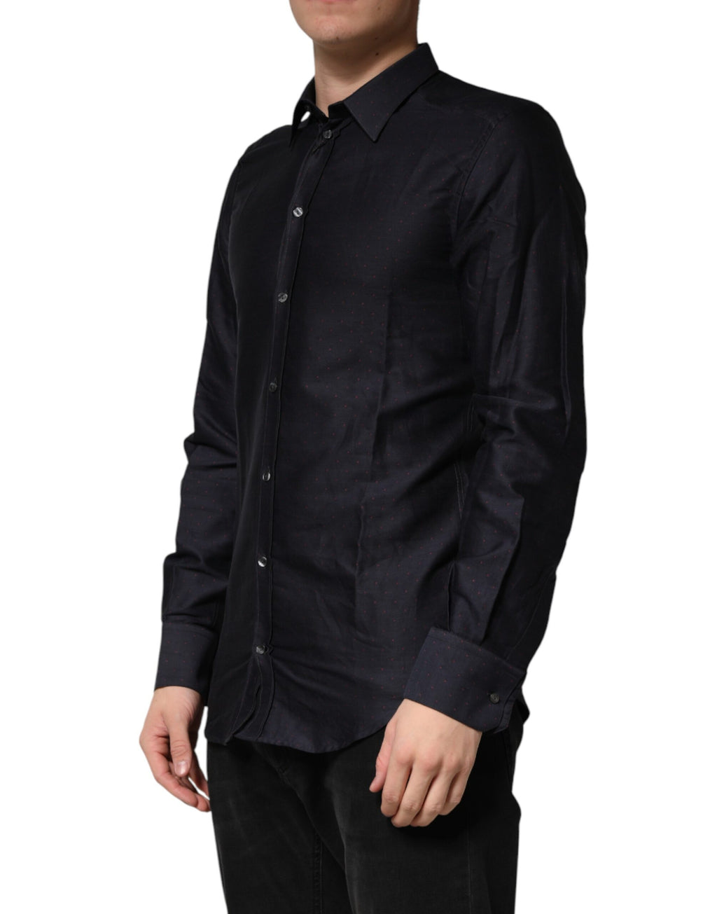 Chemise habillée noire à pois en coton avec col Dolce & Gabbana, détails dorés et look élégant.