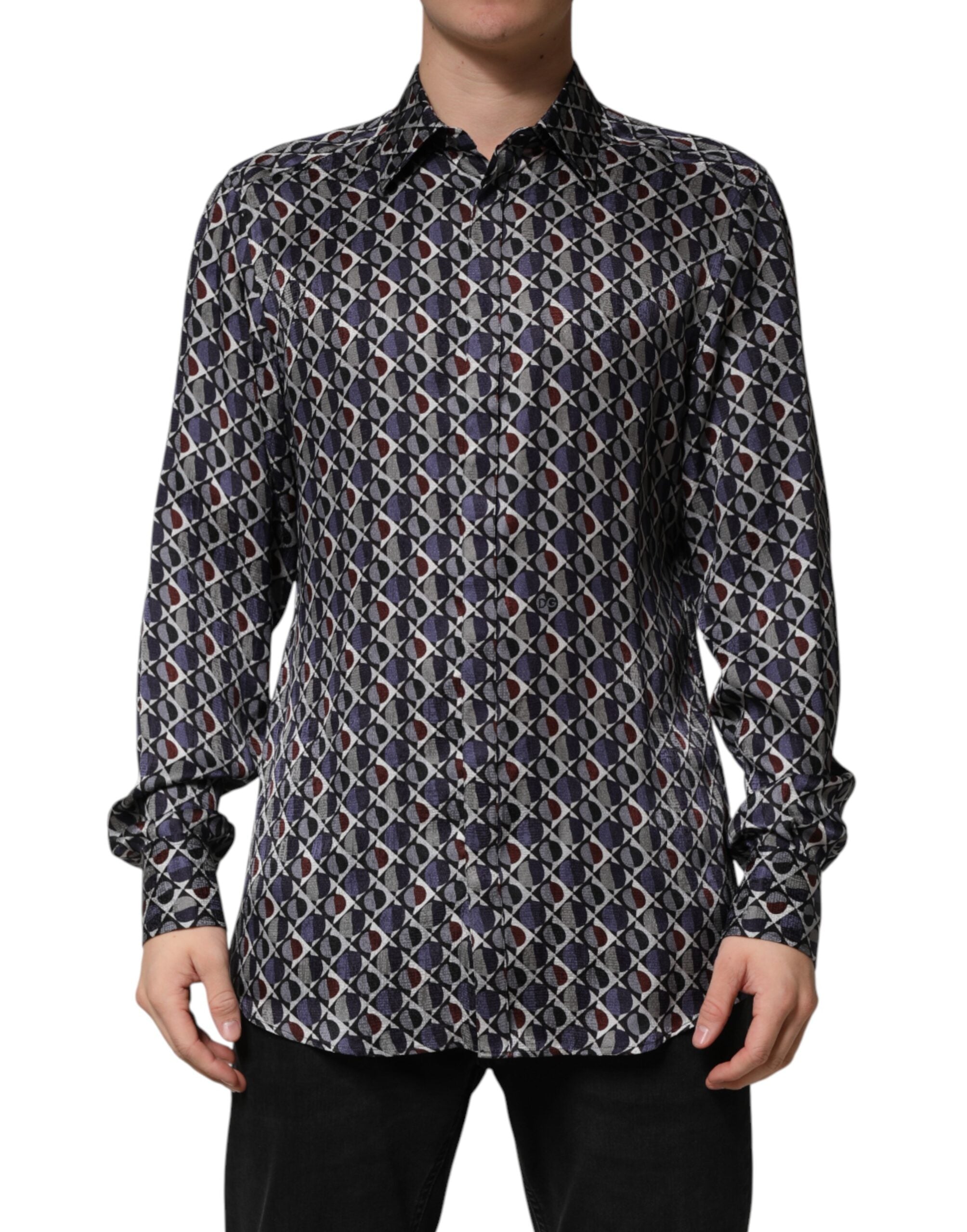 Chemise homme Dolce & Gabbana à col avec motif multicolore et détails dorés, style élégant et sophistiqué.