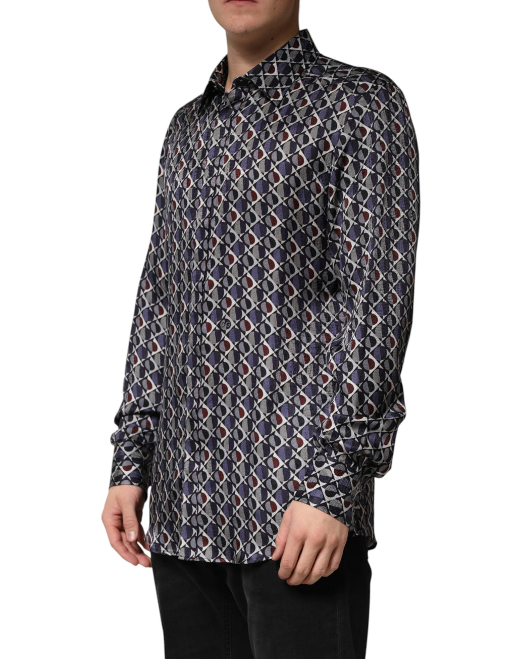 Chemise homme Dolce & Gabbana à col, motif multicolore avec détails dorés, élégante chemise de soirée ou de bureau.