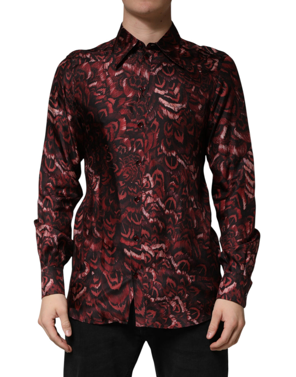Chemise pour homme Dolce & Gabbana à col avec motif bordeaux, chemise élégante à manches longues et design sophistiqué.