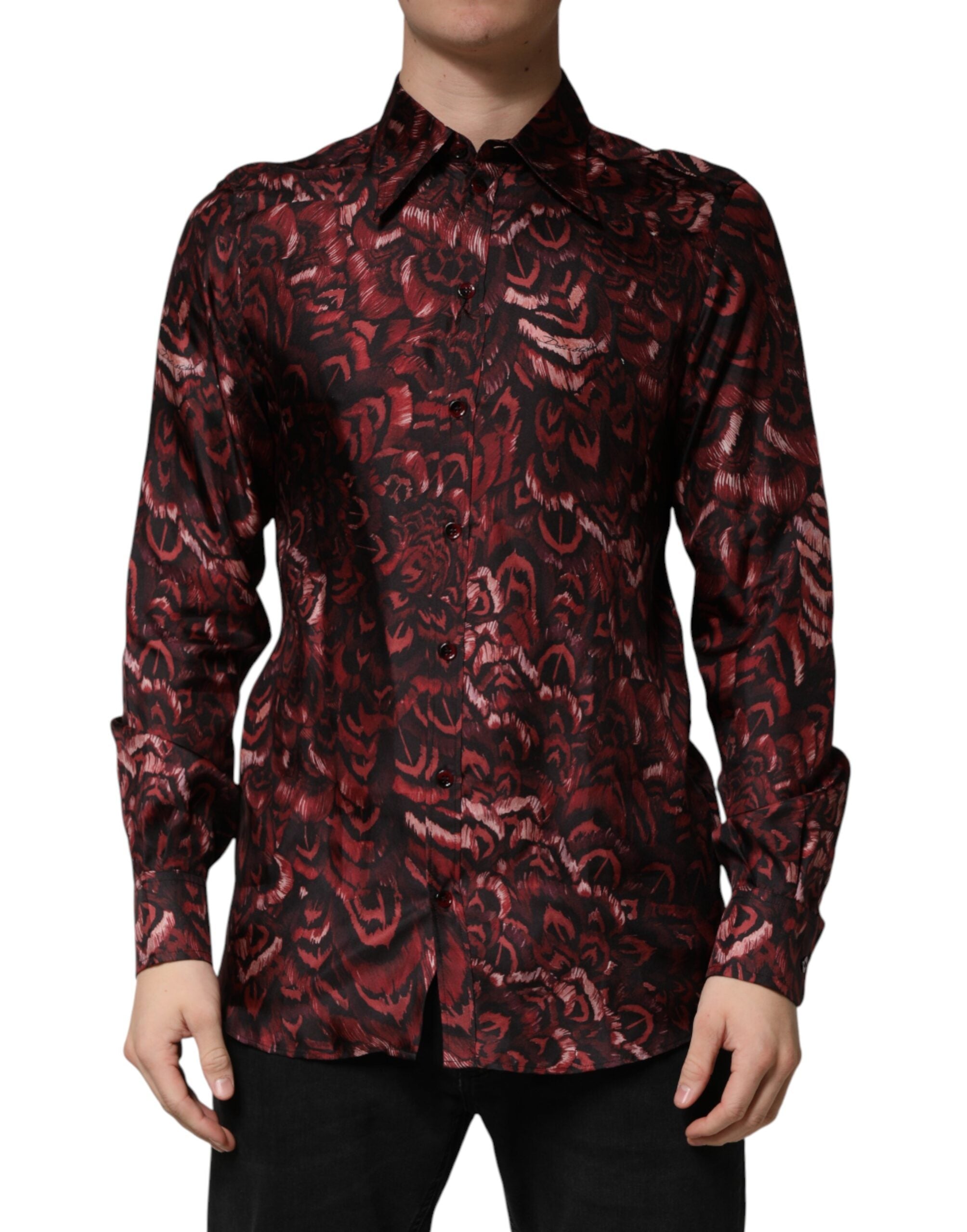 Chemise pour homme Dolce & Gabbana à col avec motif bordeaux, chemise élégante à manches longues et design sophistiqué.