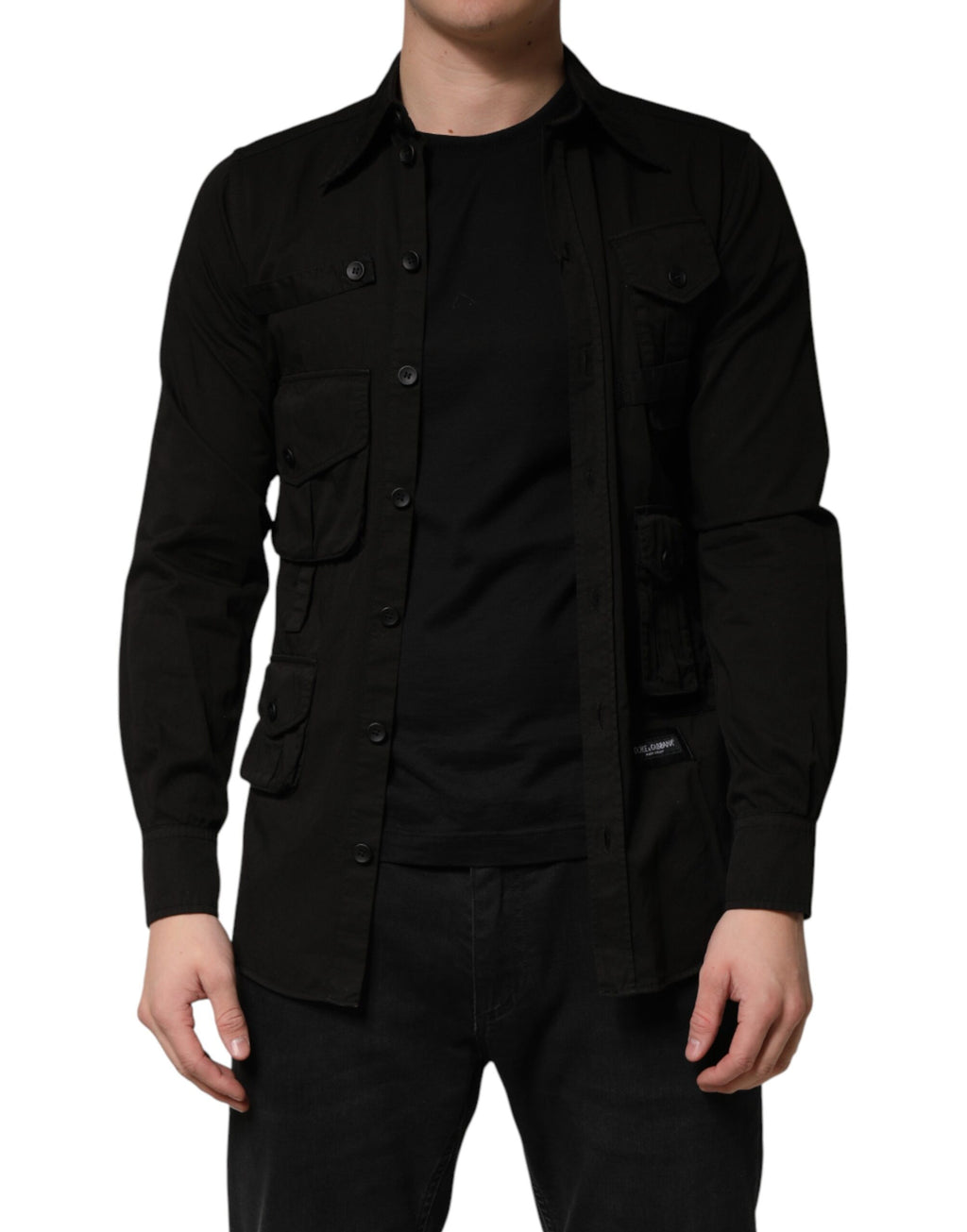 Chemise à manches longues Dolce & Gabbana en coton noir avec col et boutons pour homme, vue de face.