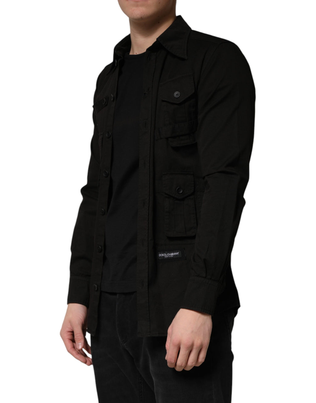 Chemise noire en coton pour homme de Dolce & Gabbana avec col et boutons, vue de face.