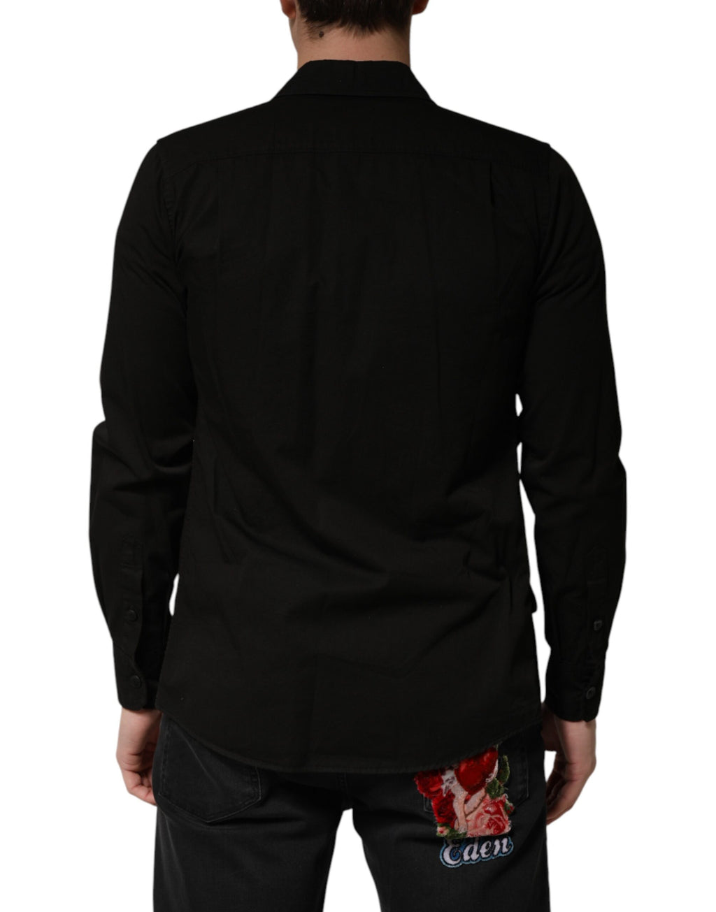 Chemise pour hommes Dolce & Gabbana en coton noir avec col, boutons devant, style élégant et classique.