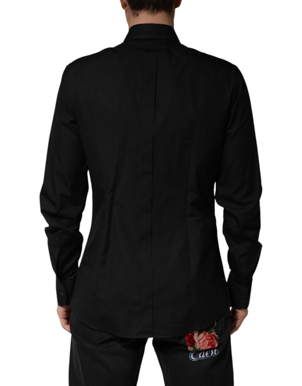 Chemise habillée en coton noir de Dolce & Gabbana avec cristaux dorés, style formel et élégant pour homme.