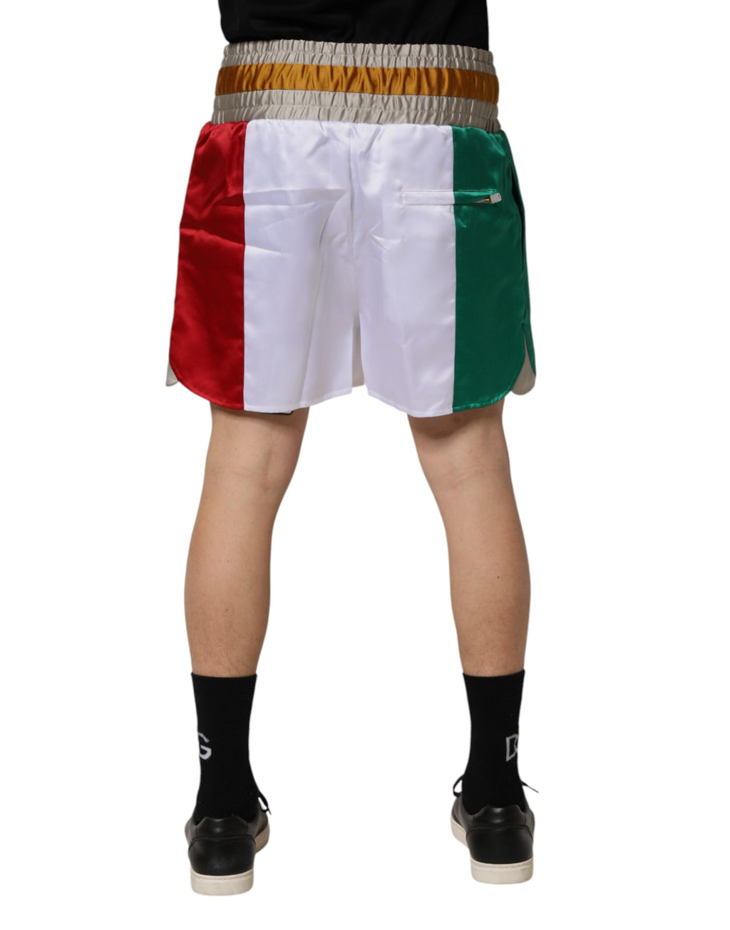 Shorts bermuda multicolores en polyester Dolce & Gabbana avec motif Italie, vue de face.