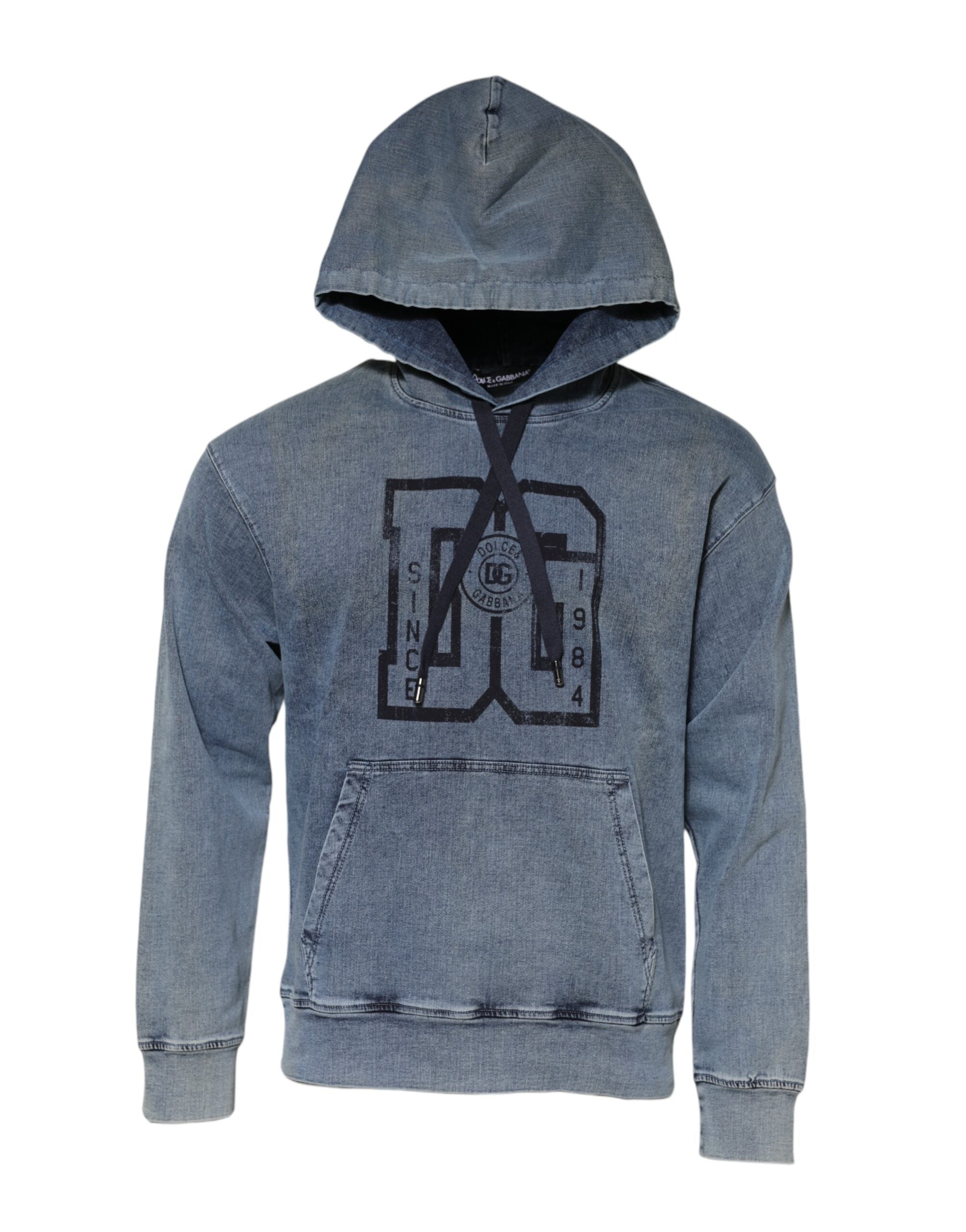 Sweat à capuche en coton bleu Dolce & Gabbana avec logo, pull décontracté et tendance, visible sur fond neutre.