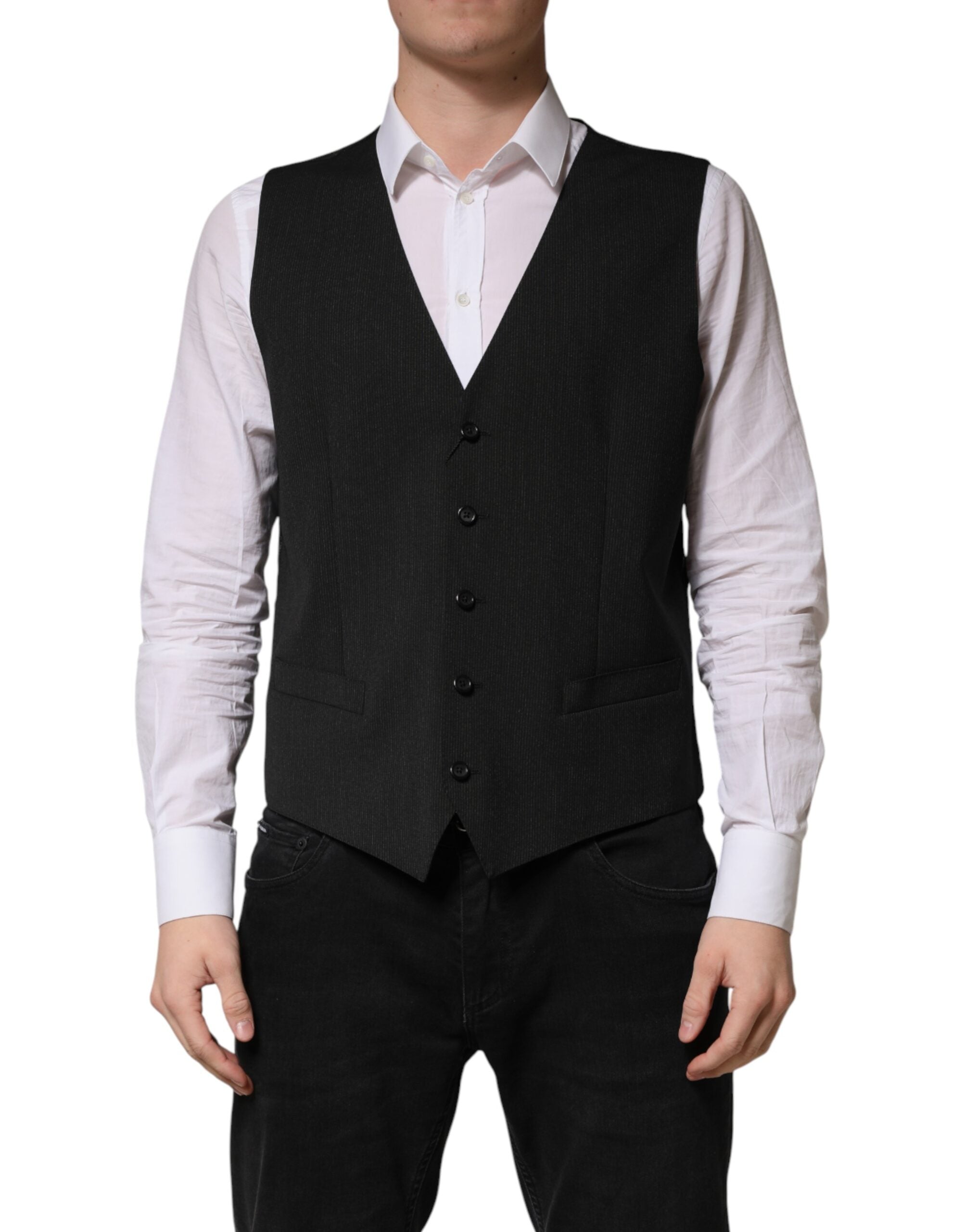 Veste gilet en laine noire Dolce & Gabbana pour homme, vêtement formel élégant et sophistiqué.