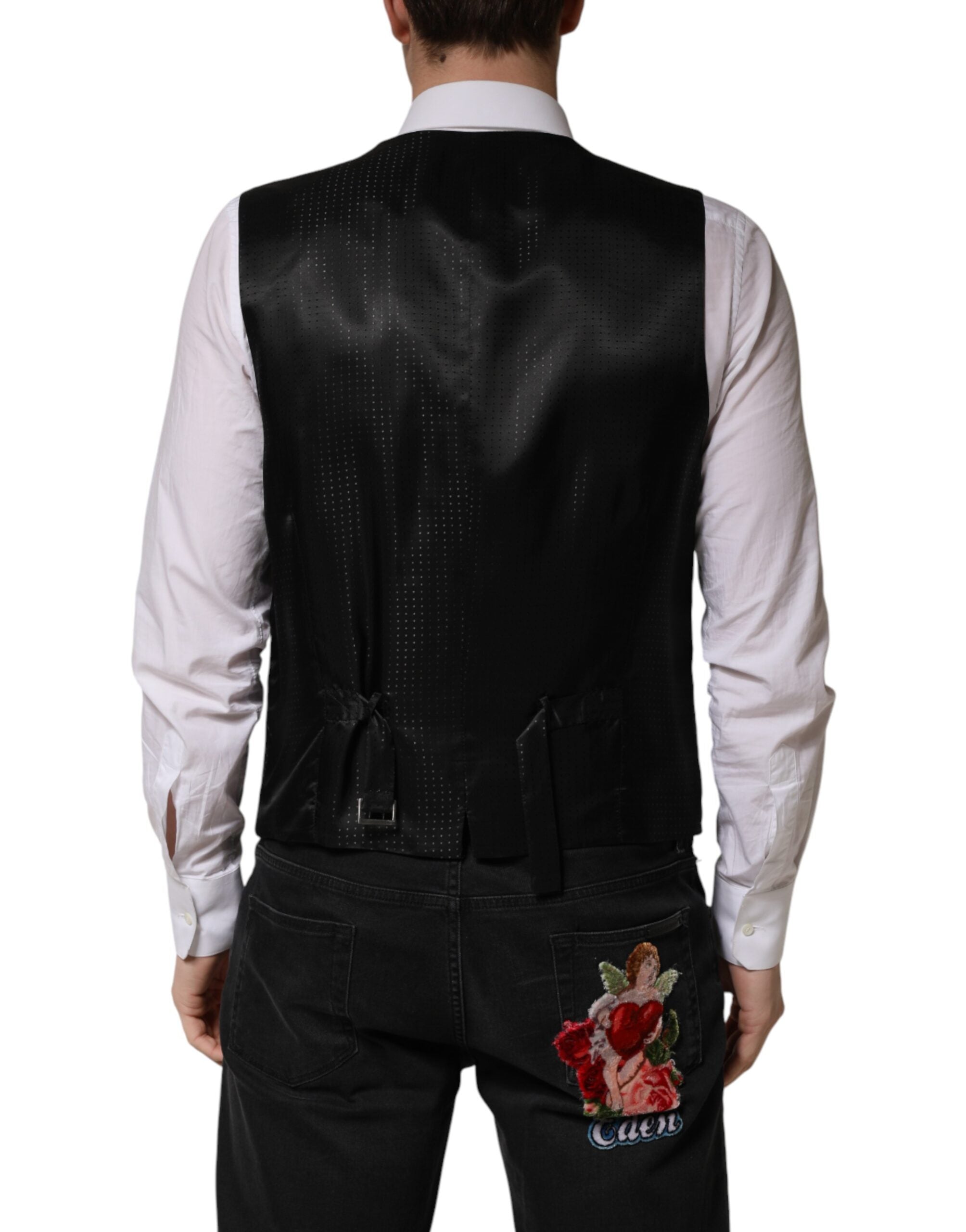 Gilet homme en laine noire Dolce & Gabbana, costume formel, élégant avec boutons et coupe ajustée.