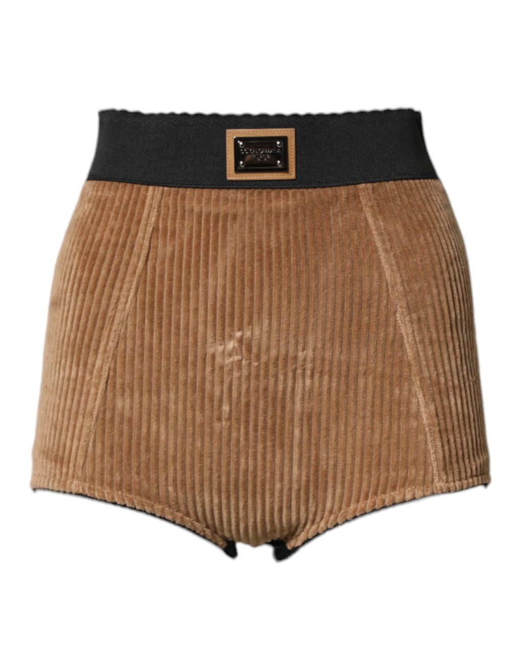 Shorts Dolce & Gabbana en coton marron taille haute, style hot pants, visibles en détail sur l'image.