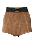 Shorts Dolce & Gabbana en coton marron taille haute, style hot pants, visibles en détail sur l'image.