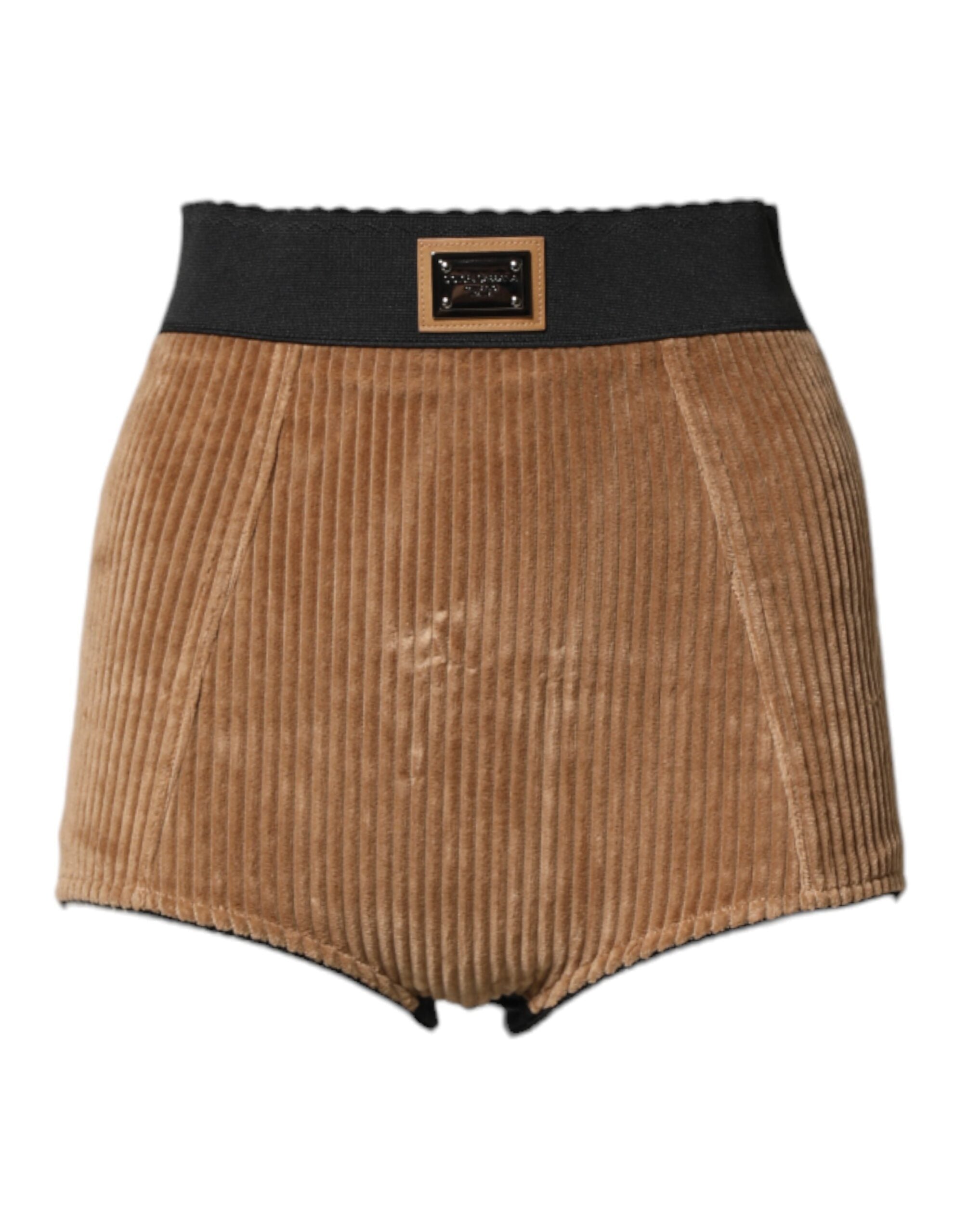 Shorts Dolce & Gabbana en coton marron taille haute, style hot pants, visibles en détail sur l'image.