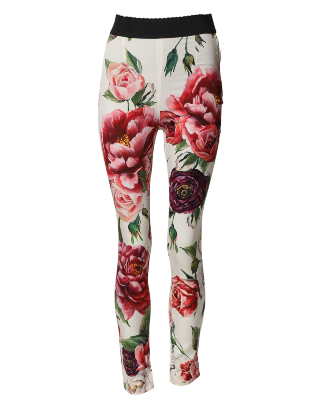 Leggings blanches florales Dolce & Gabbana en tissu stretch avec taille élastique, style élégant et confortable.