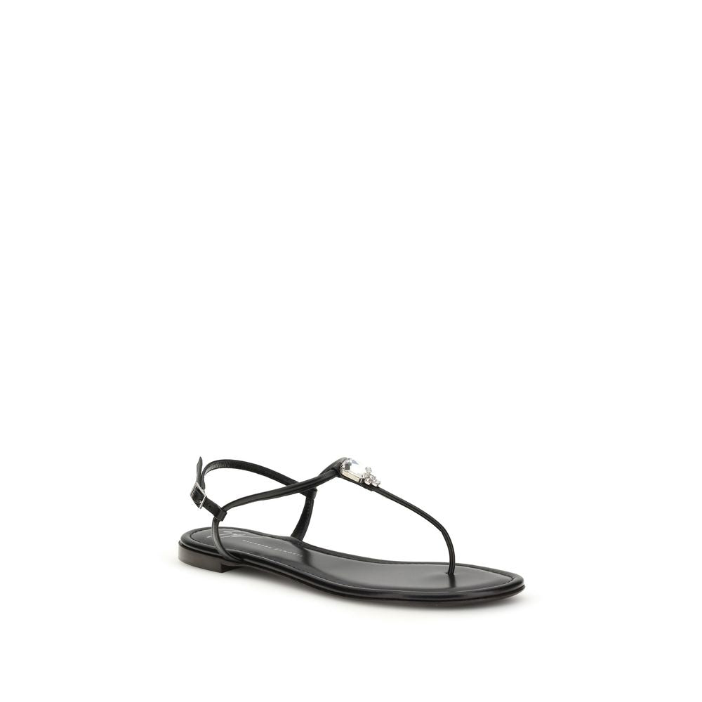 Sandales plates en cuir de veau noir Giuseppe Zanotti Bos Taurus, vues de face sur un fond neutre.