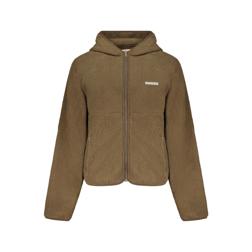 Sweat-shirt marron en polyester pour femmes de Guess Jeans, coupe décontractée et style tendance, visible sur le modèle.