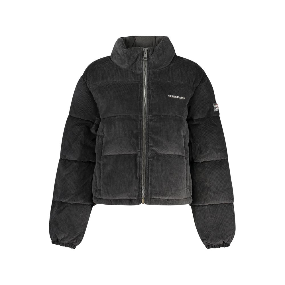 Veste pour femme Guess Jeans en polyester noir, style décontracté avec col et fermeture éclair visible.