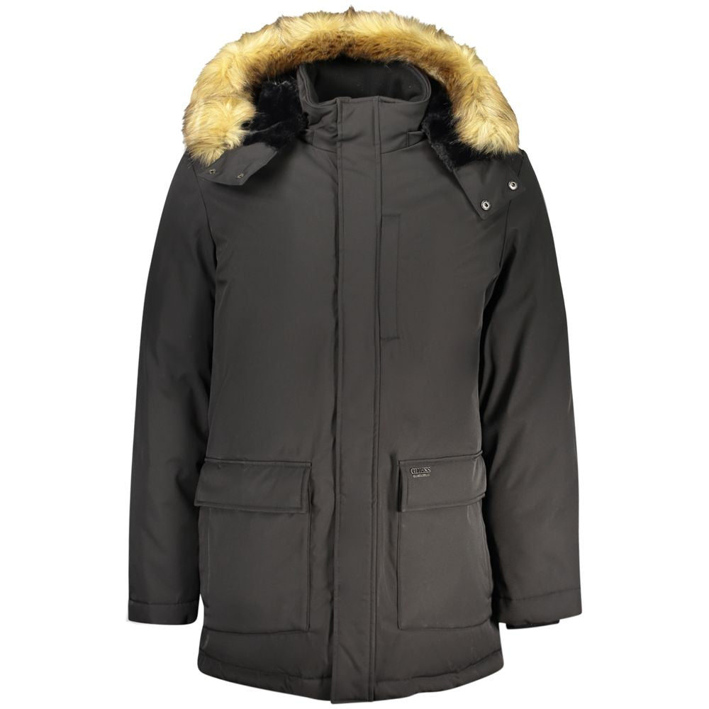 Veste pour homme Guess Jeans en polyester noir, style décontracté avec fermeture éclair et col côtelé, visible sur l’image.